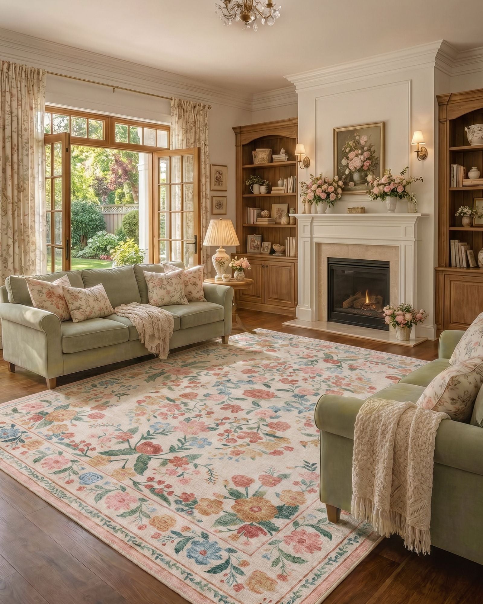 This floral area rug adds a soft and inviting foundation to the living room with a washable easy-care design that suits warm everyday family living.