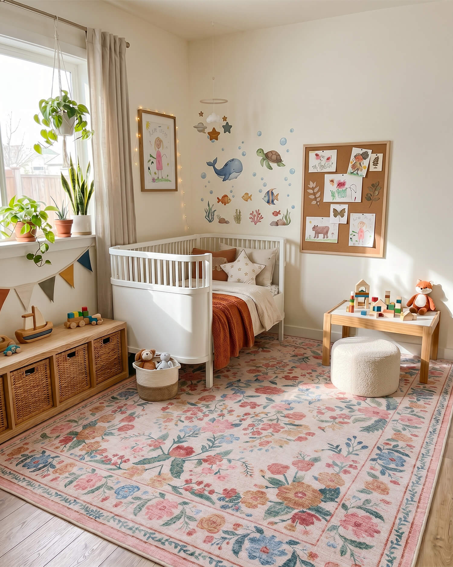 This floral area rug adds a soft and cheerful touch to a nursery room with a washable surface and kid-friendly comfort for everyday family use.