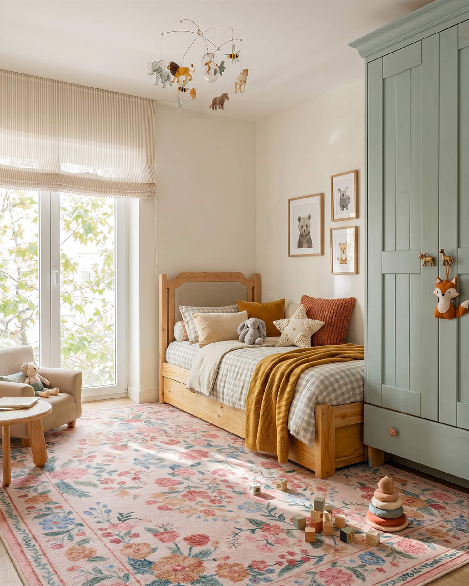 This floral area rug brings a warm and cozy feel to a kids bedroom with a soft washable surface that works beautifully for family living.