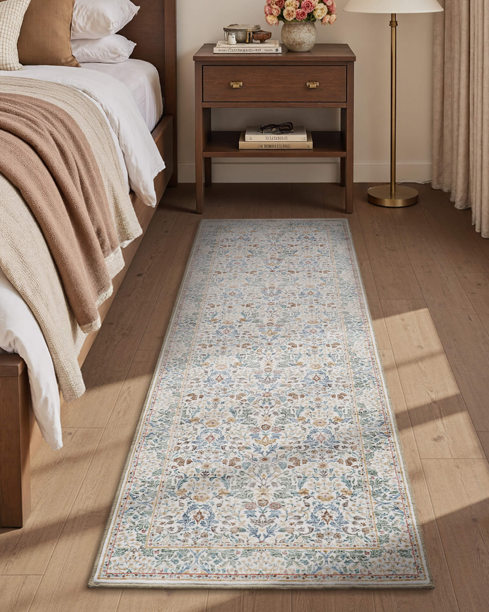 This vintage floral rug works well in an entryway or living room with non slip backing and a washable finish for busy everyday use.