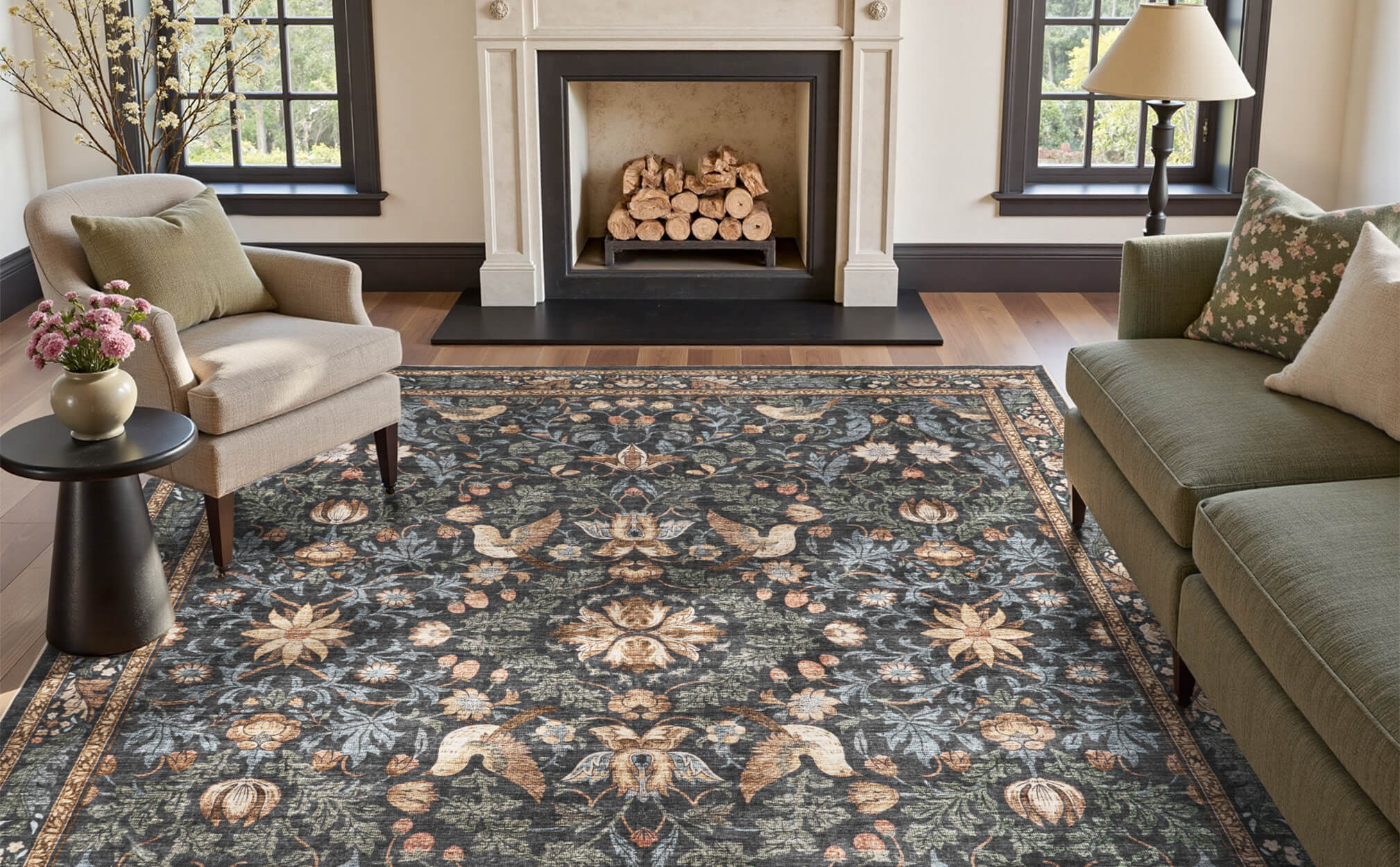 Floral area rug combining soft comfort and durability for family living spaces