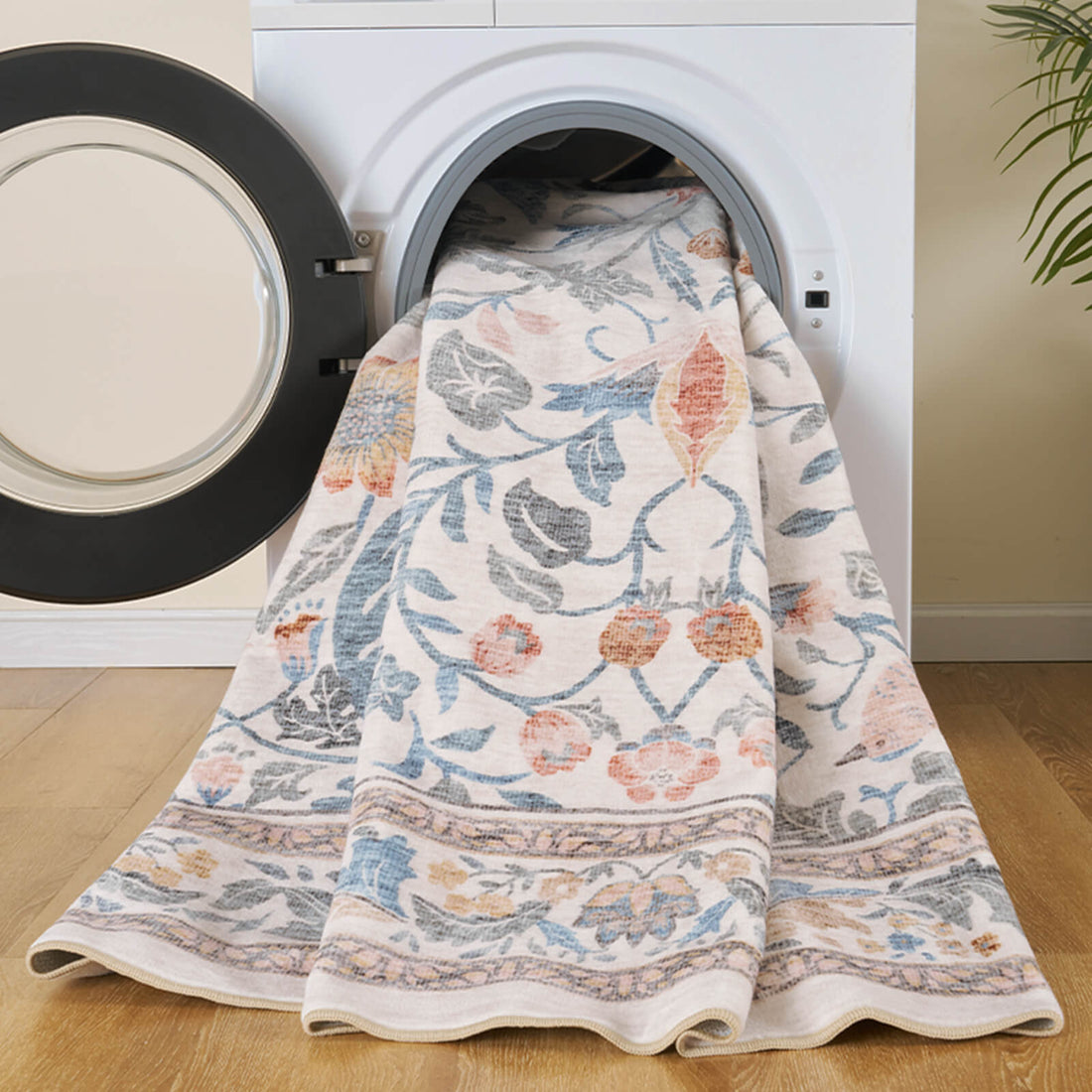 Washable floral rug offering soft durability for everyday use