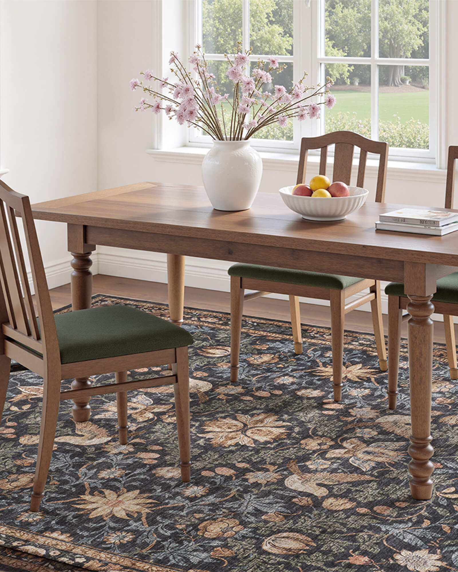 Floral rug with soft texture creating a cozy living space