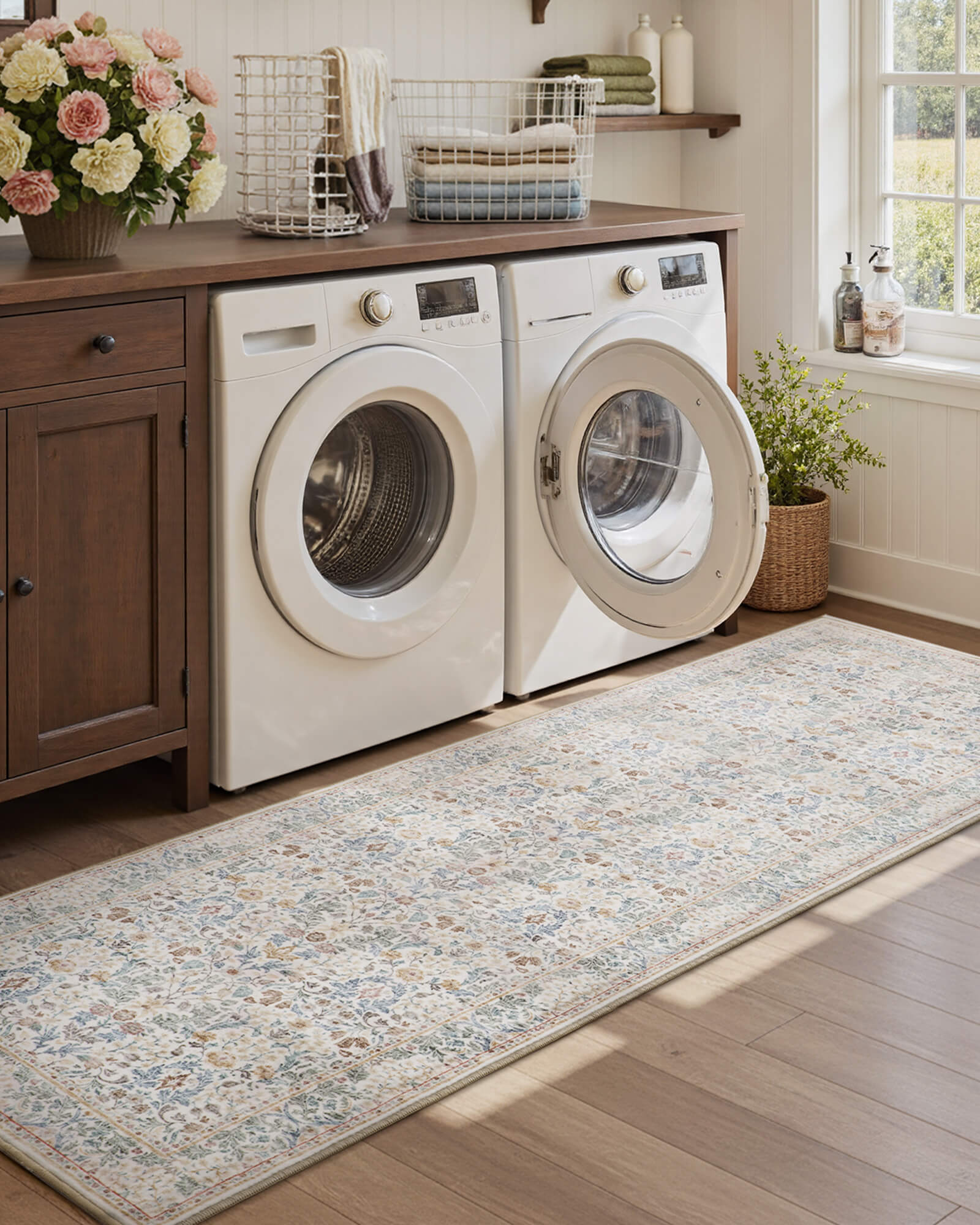 This floral rug is a versatile choice for the living room or bedroom with a soft texture, durable finish, and non slip backing for daily use.