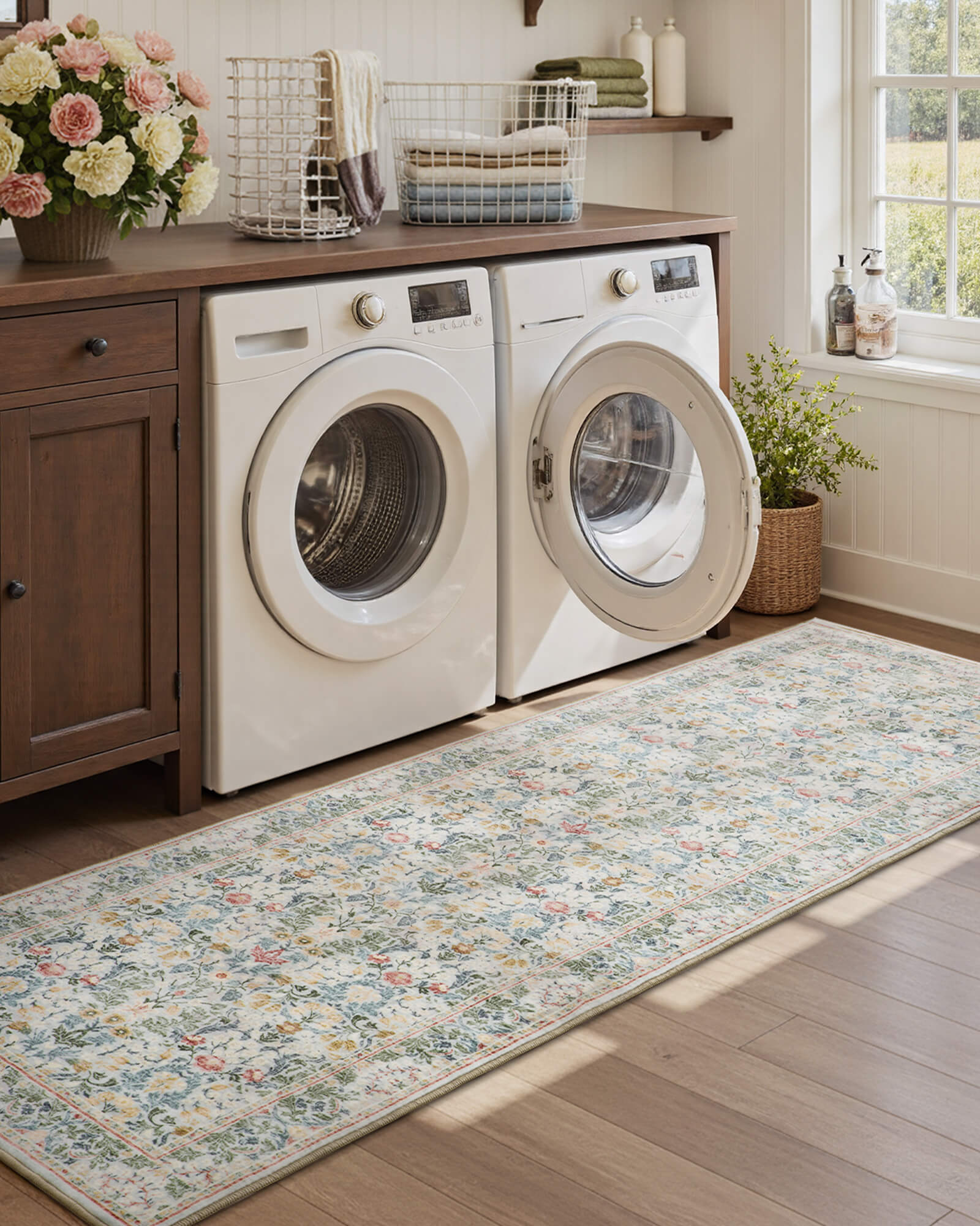 This vintage floral rug brings warmth to a bedroom with a washable finish and a pet friendly design that feels comfortable for everyday use.