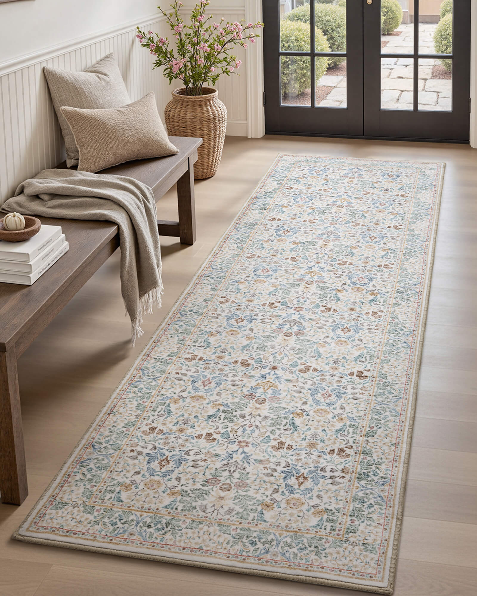 This boho floral area rug brings a cozy relaxed feel to the bedroom with soft underfoot comfort and practical easy care.