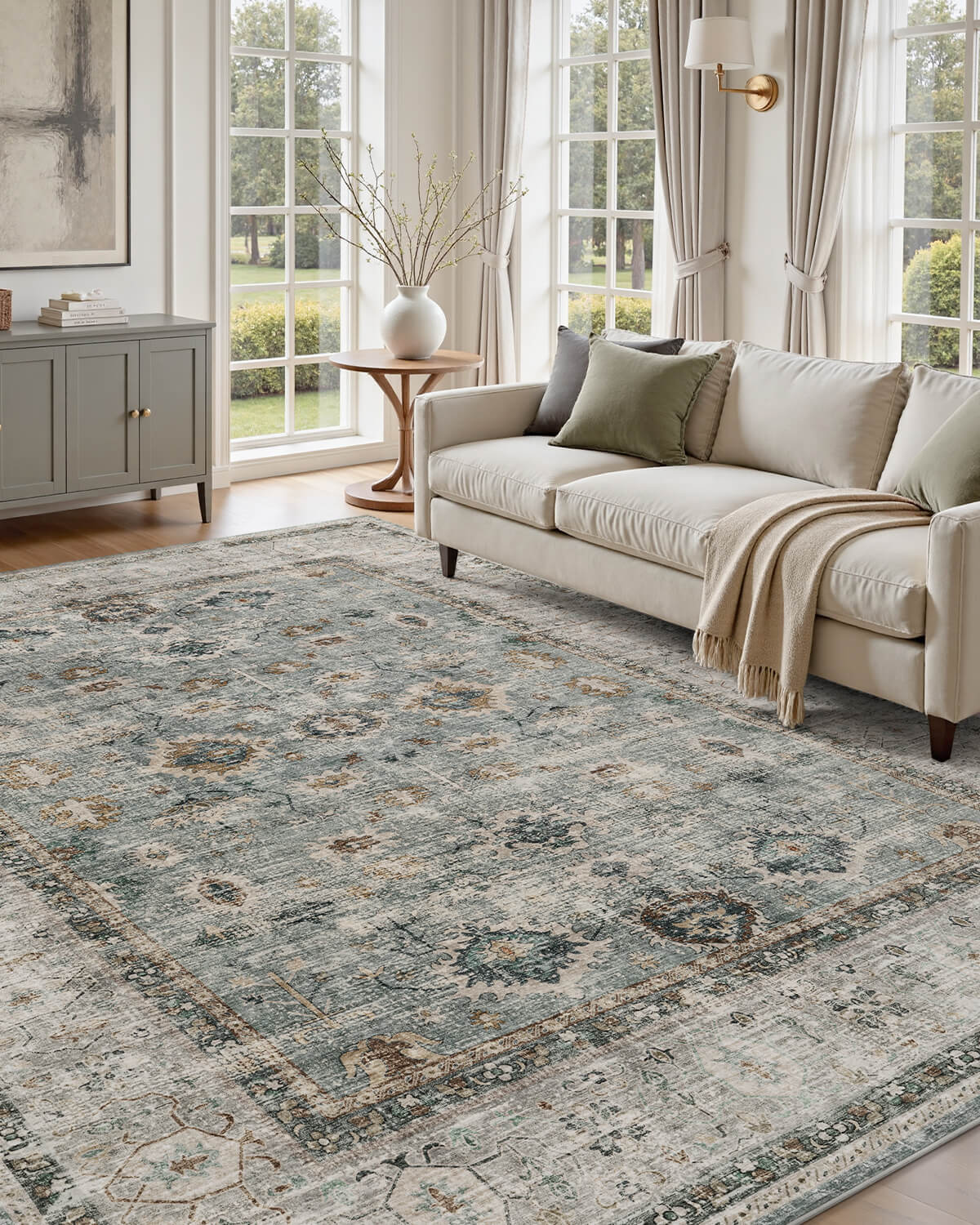 Washable botanical vintage rug perfect for family rooms