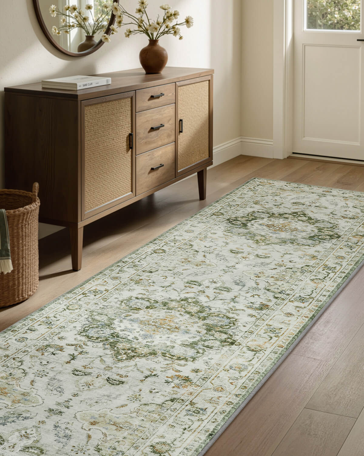 Vintage botanical washable area rug blending traditional elegance with modern practicality