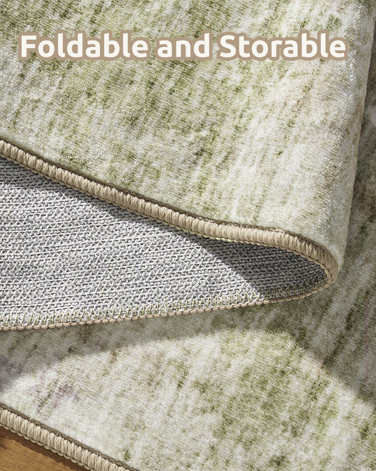 A foldable washable green area rug with a soft modern texture and flexible low-pile design for easy storage and everyday home use.