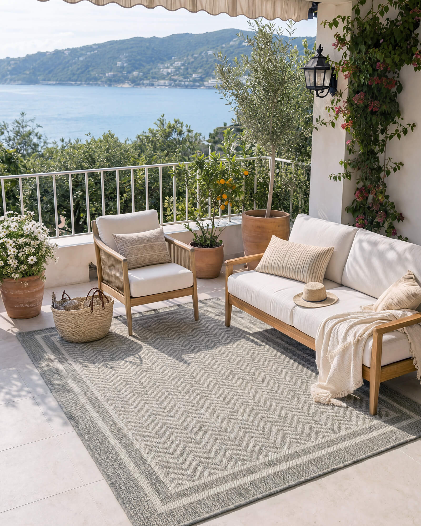 A gray chevron indoor outdoor rug adds durable woven texture and easy-care style to a seaside balcony patio with outdoor seating, potted plants, and bright coastal views.