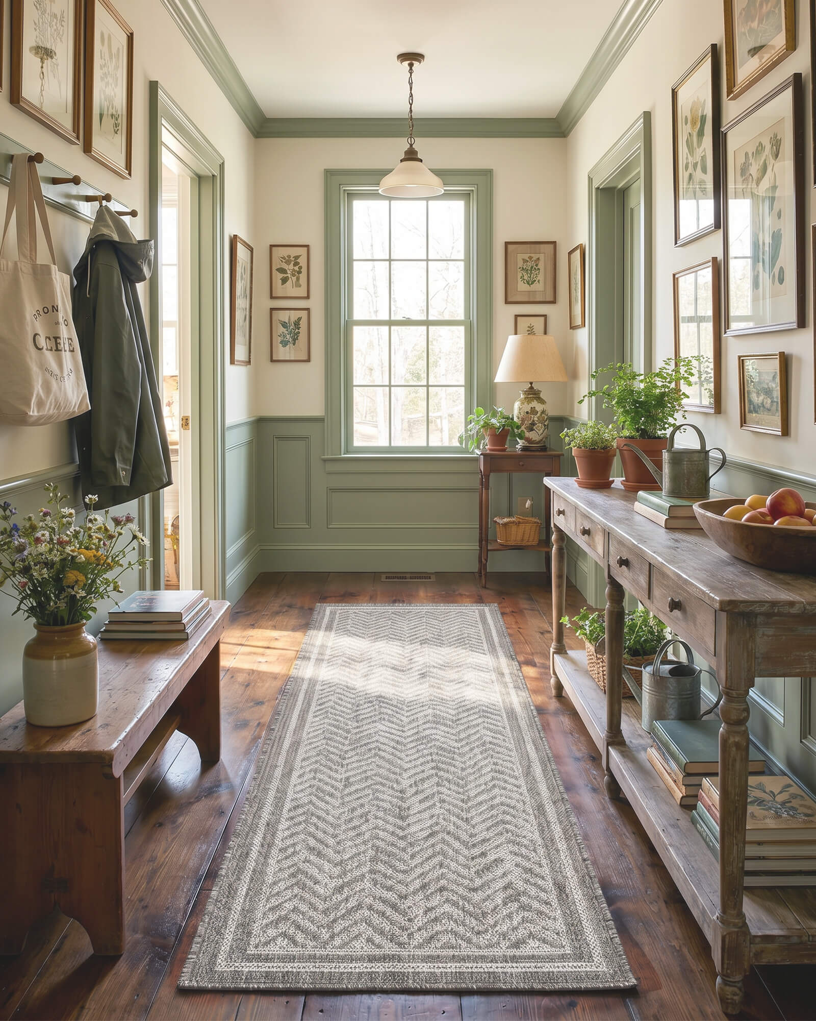 A gray chevron indoor outdoor runner rug adds durable woven texture and easy-care style to a green-trim hallway with wood floors, botanical wall art, and cozy vintage home decor.