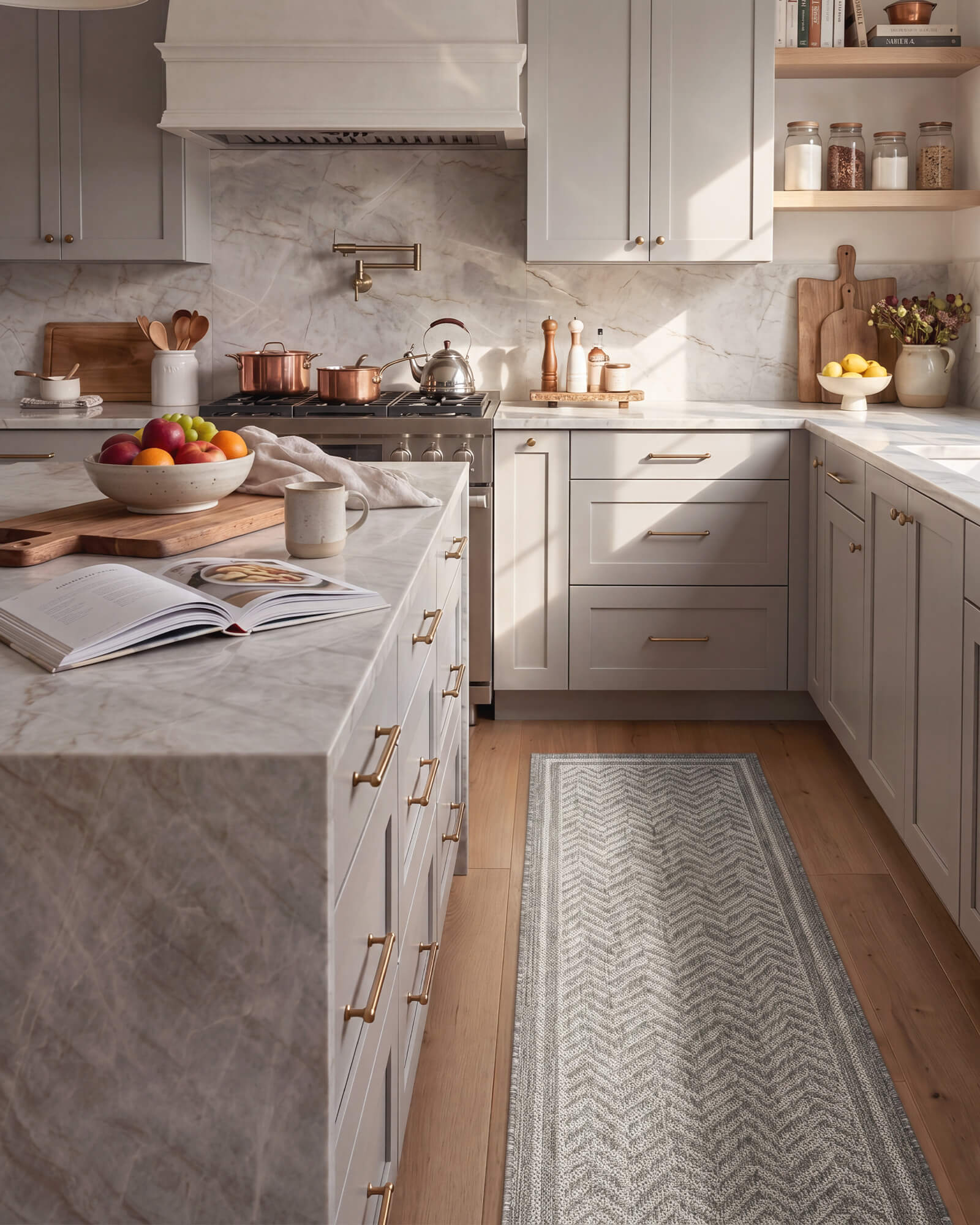 A gray chevron indoor outdoor runner rug adds durable woven texture and easy-care style to a modern kitchen with marble countertops, wood floors, and warm natural light.