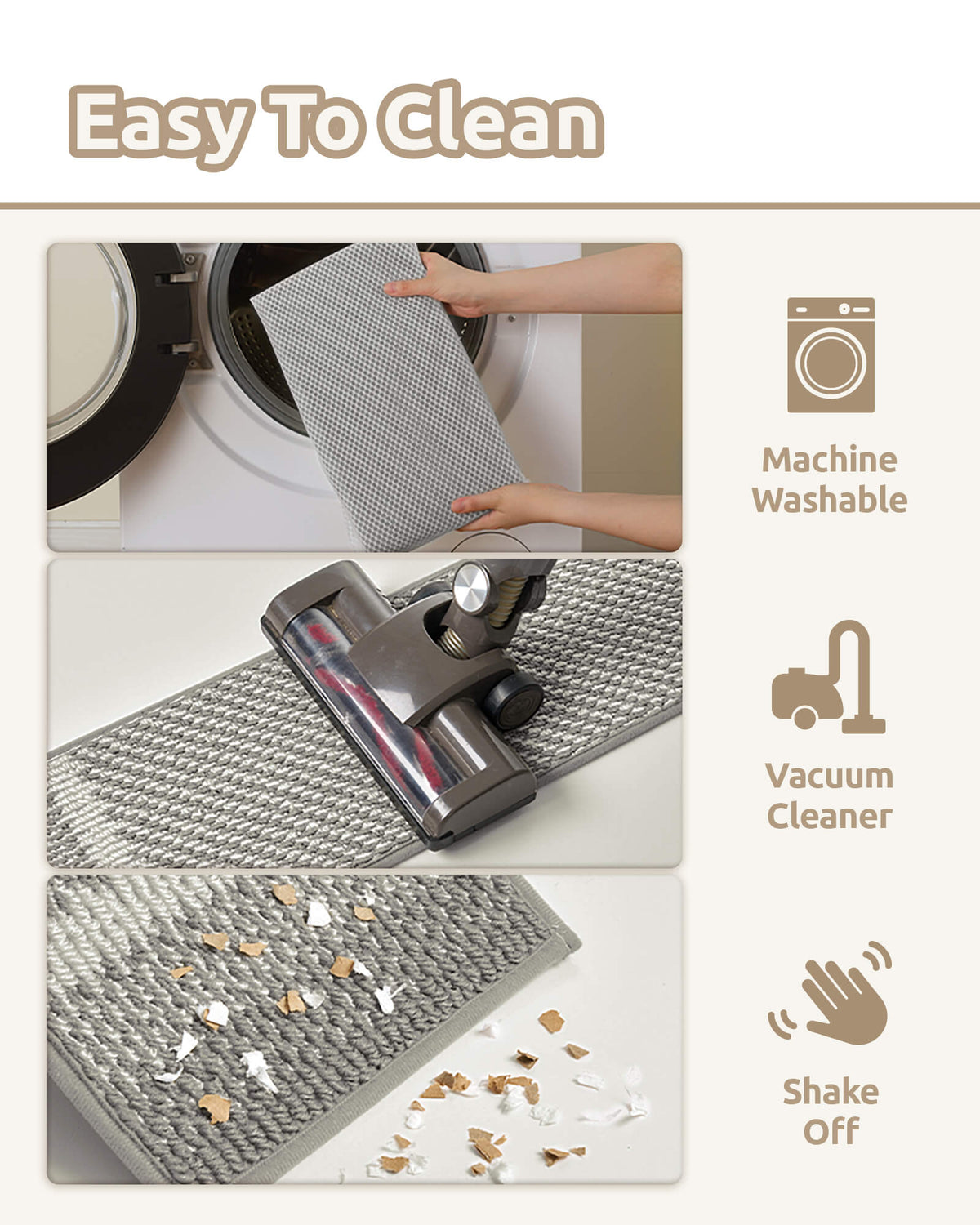 An easy-clean care guide for gray gradient striped non-slip stair treads demonstrates three convenient cleaning methods: machine washing, vacuuming dust and debris, and shaking off loose dirt. The soft textured woven surface offers low-maintenance convenience, comfortable footing, and practical everyday care for busy households with kids and pets.