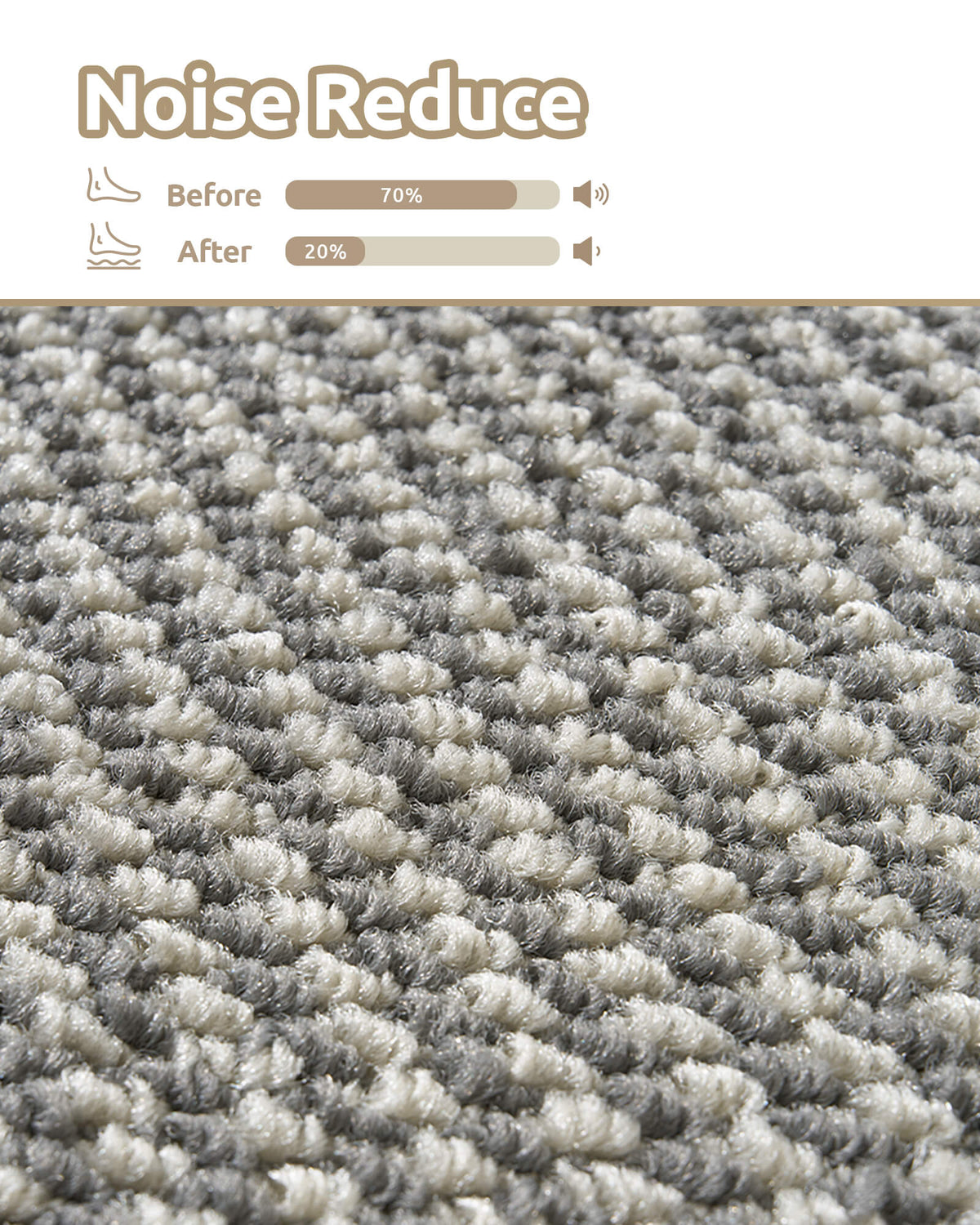 A close-up of gray gradient striped non-slip stair treads highlights their soft, cushioned diagonal woven texture and noise-reducing design, helping soften footsteps and minimize everyday stair noise while providing comfortable footing and a quieter home environment for families with kids and pets.