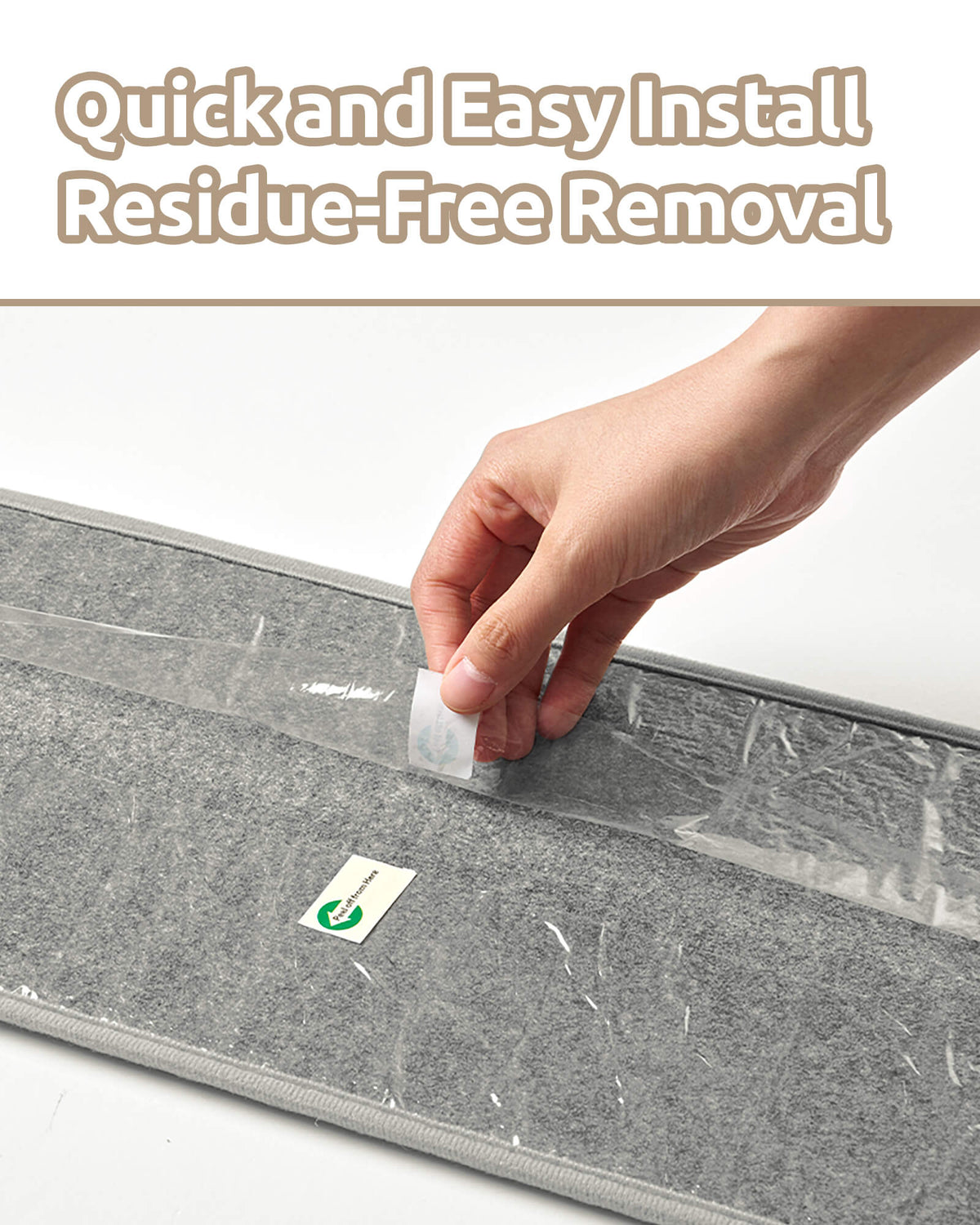 A close-up installation guide for gray gradient striped non-slip stair treads shows a hand peeling away the protective film from the gray backing, highlighting quick and easy installation, secure grip without additional adhesive tape, and residue-free removal to help protect indoor wooden stairs.
