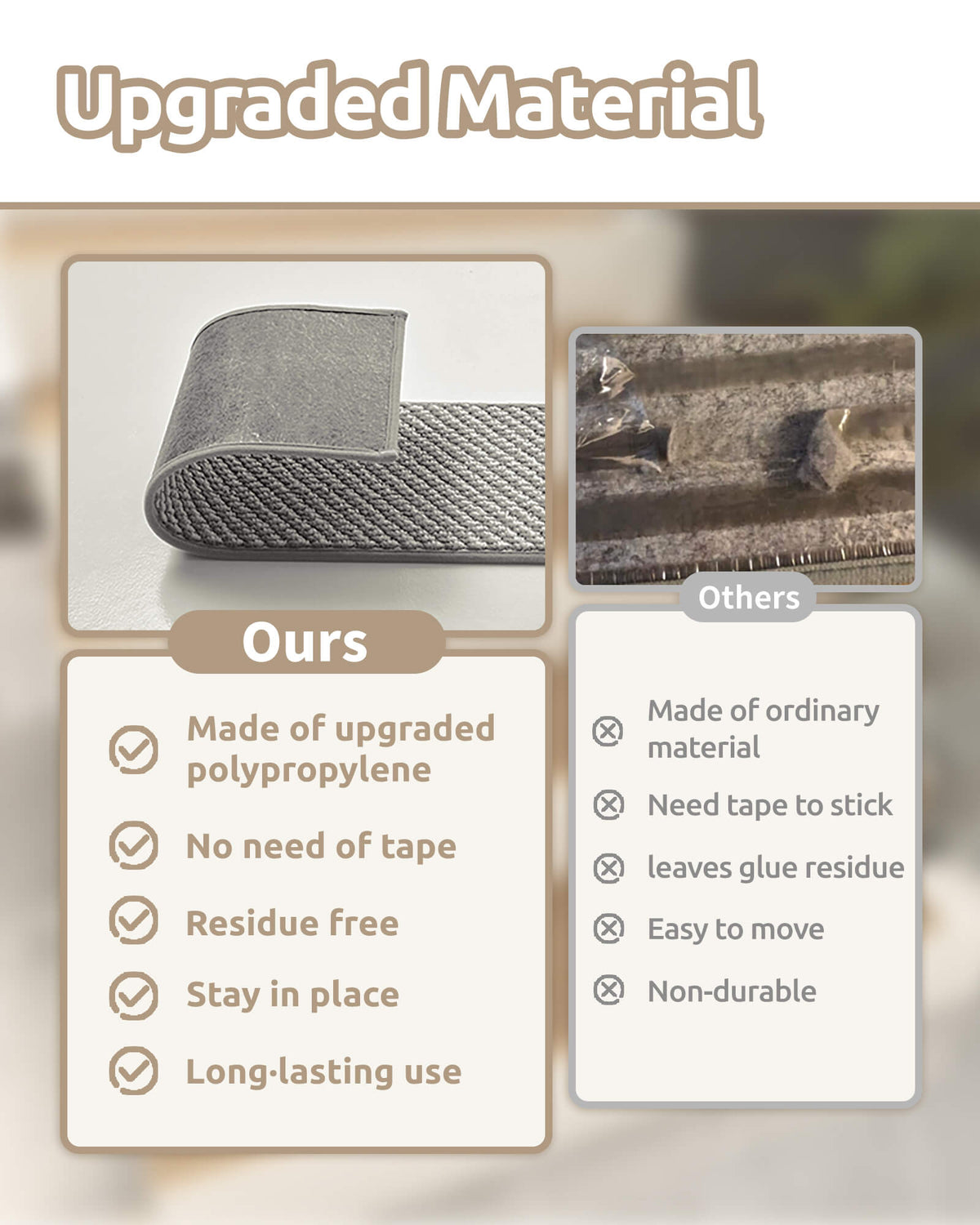 A comparison infographic highlights the upgraded polypropylene material of gray gradient striped non-slip stair treads, featuring a durable backing designed to stay securely in place without additional adhesive tape and allow residue-free removal, offering easy installation, reliable grip, and long-lasting protection for indoor wooden stairs.