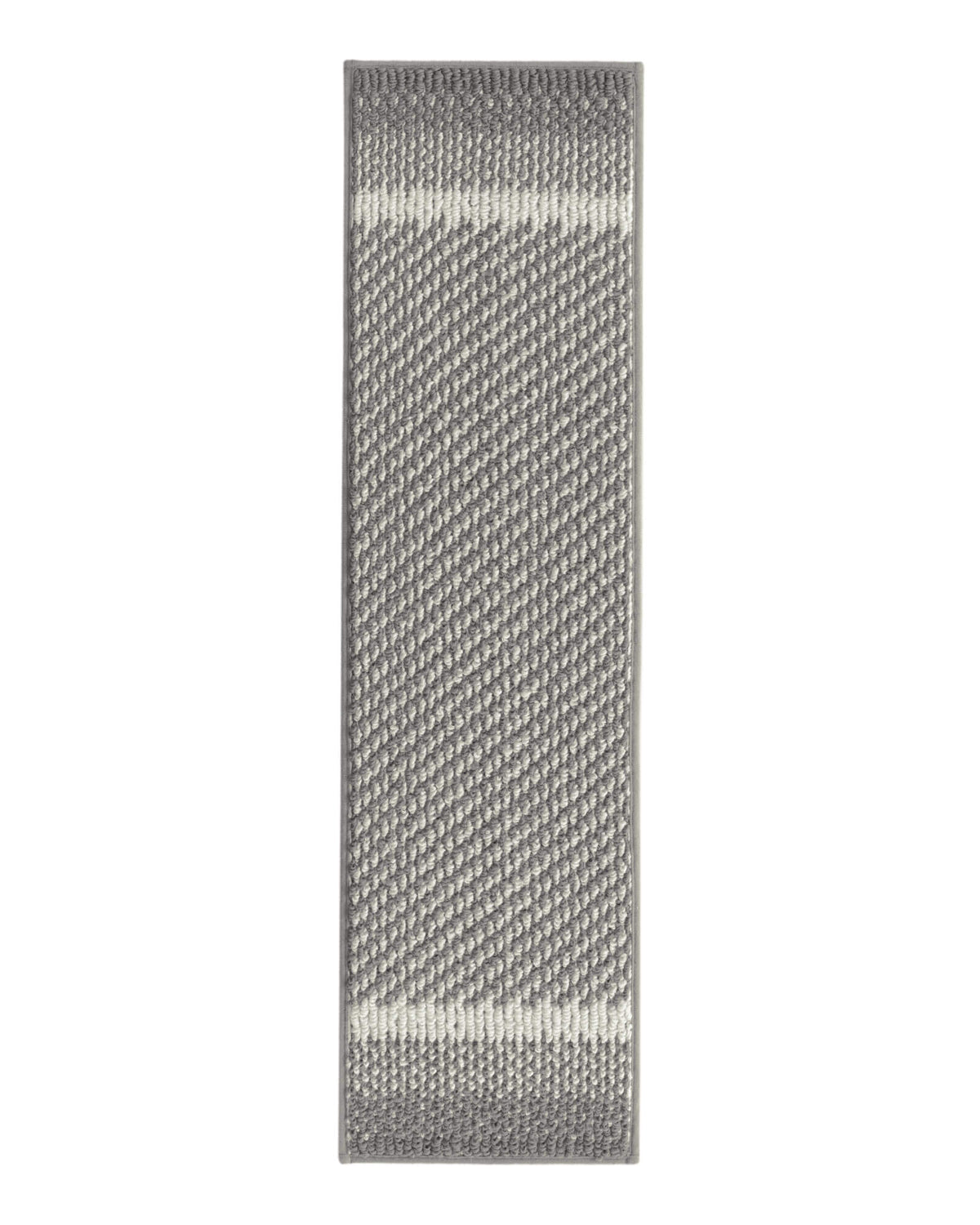 A gray gradient striped woven stair tread mat features a raised diagonal woven pattern, subtle white accent stripes, and neatly bound edges, offering a soft textured surface, comfortable footing, and non-slip protection while adding modern style to indoor wooden staircases.