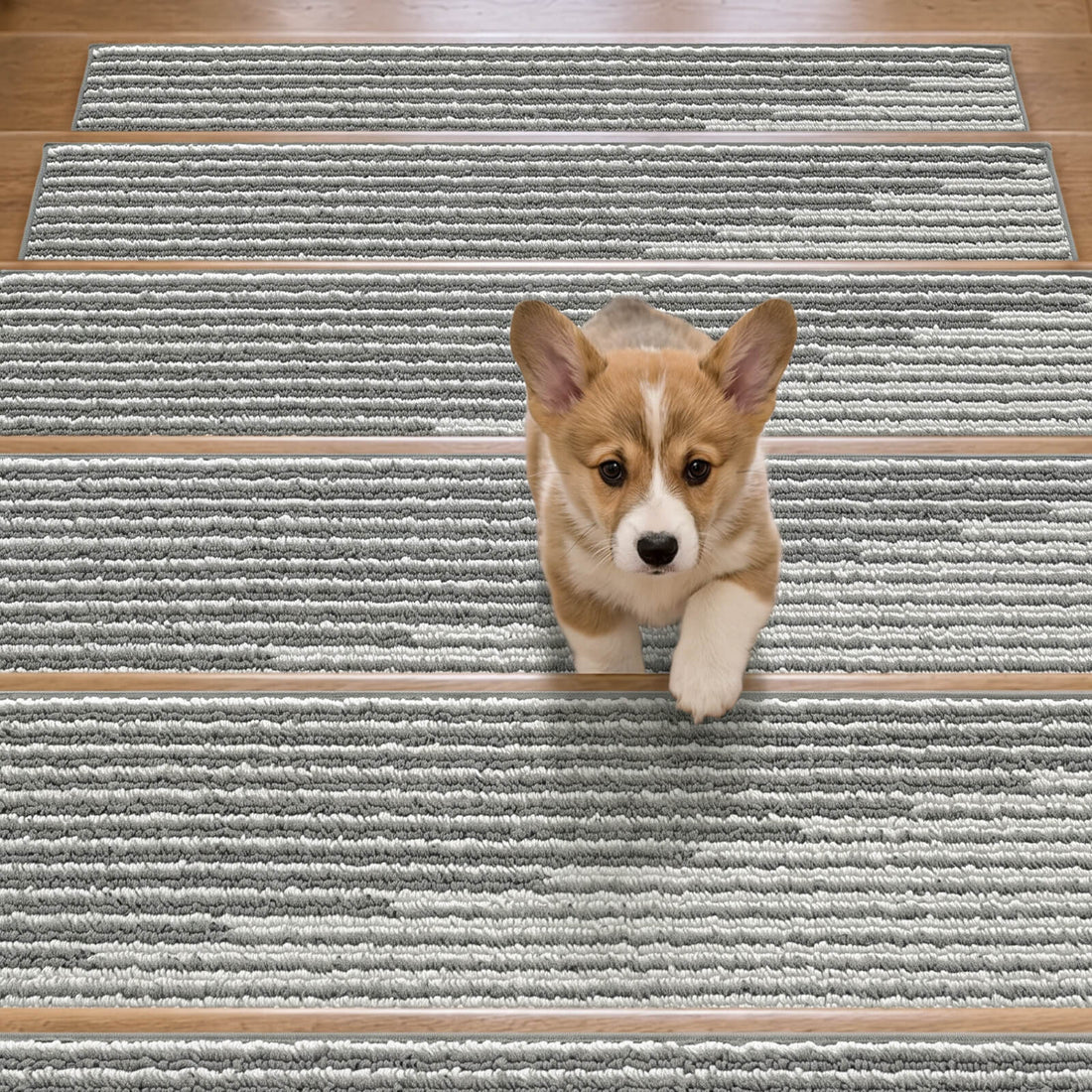 A cute corgi puppy climbs wooden stairs covered with gray and white striped non-slip stair treads, highlighting their soft ribbed woven texture, secure anti-slip backing, and pet-friendly design that provides added traction, comfortable footing, and everyday protection for indoor staircases.