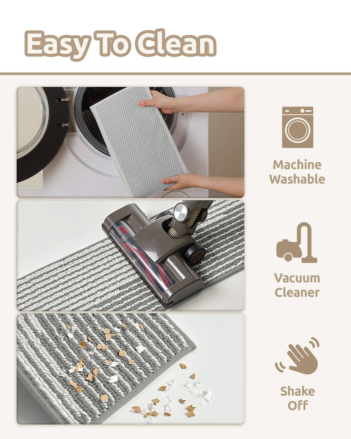 An easy-clean care guide for gray and white striped non-slip stair treads demonstrates three convenient cleaning methods: machine washing, vacuuming dust and debris, and shaking off loose dirt. The durable ribbed woven surface offers low-maintenance convenience, comfortable footing, and practical everyday care for busy households with kids and pets.