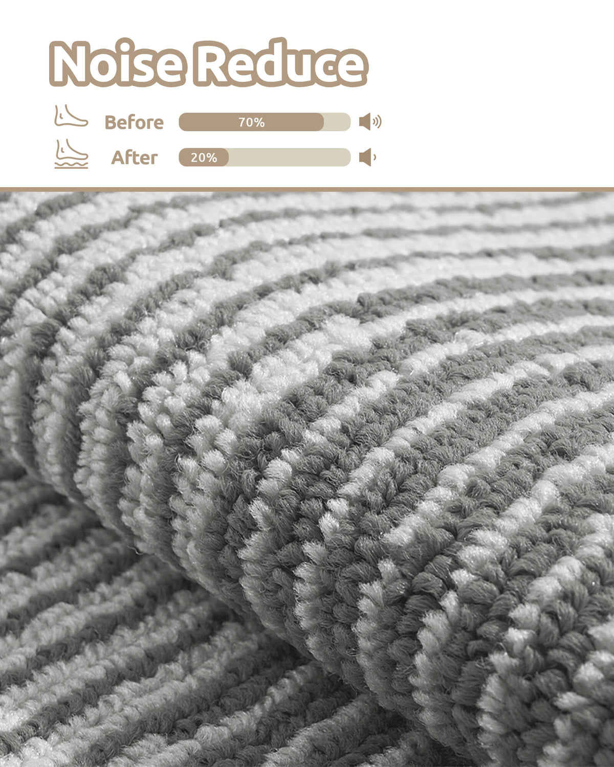 A close-up of gray and white striped non-slip stair treads showcases their thick, cushioned ribbed texture and noise-reducing design, helping soften footsteps and minimize everyday stair noise while providing comfortable footing and a quieter home environment for families with kids and pets.