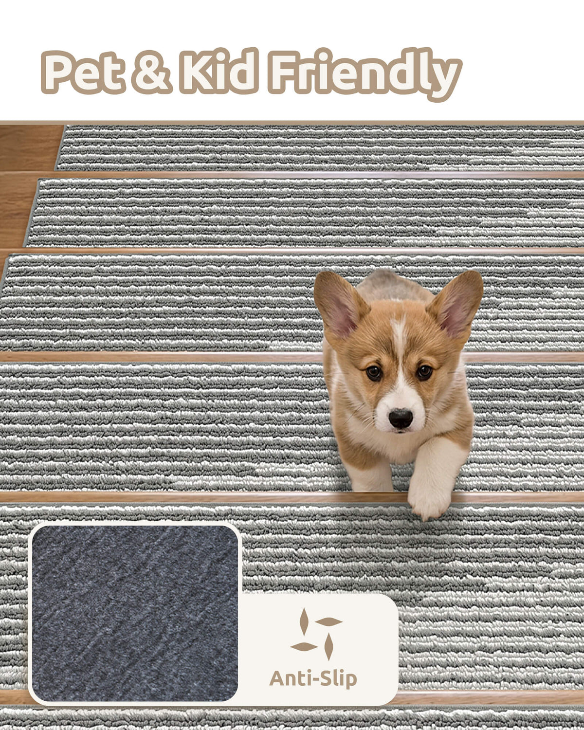 A pet- and kid-friendly stair tread infographic features a cute corgi puppy climbing gray and white striped stair mats, highlighting their soft cushioned ribbed texture and anti-slip backing designed to provide added traction, secure footing, and everyday comfort for children and pets on indoor wooden stairs.