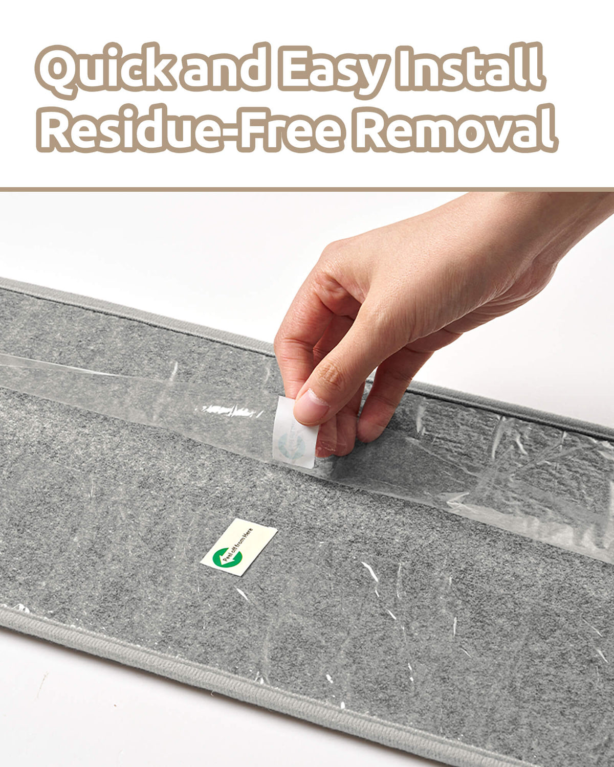 A close-up installation guide for gray and white striped non-slip stair treads shows a hand peeling away the protective film from the gray backing, highlighting quick and easy installation, secure grip without additional adhesive tape, and residue-free removal to help protect indoor wooden stairs.