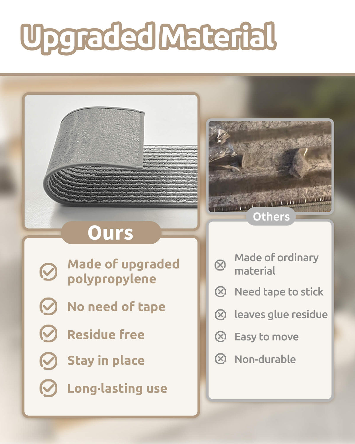 A comparison infographic highlights the upgraded polypropylene material of gray and white striped non-slip stair treads, featuring a durable textured backing that stays in place without additional adhesive tape and allows residue-free removal, offering reliable grip, easy installation, and long-lasting protection for indoor wooden stairs.