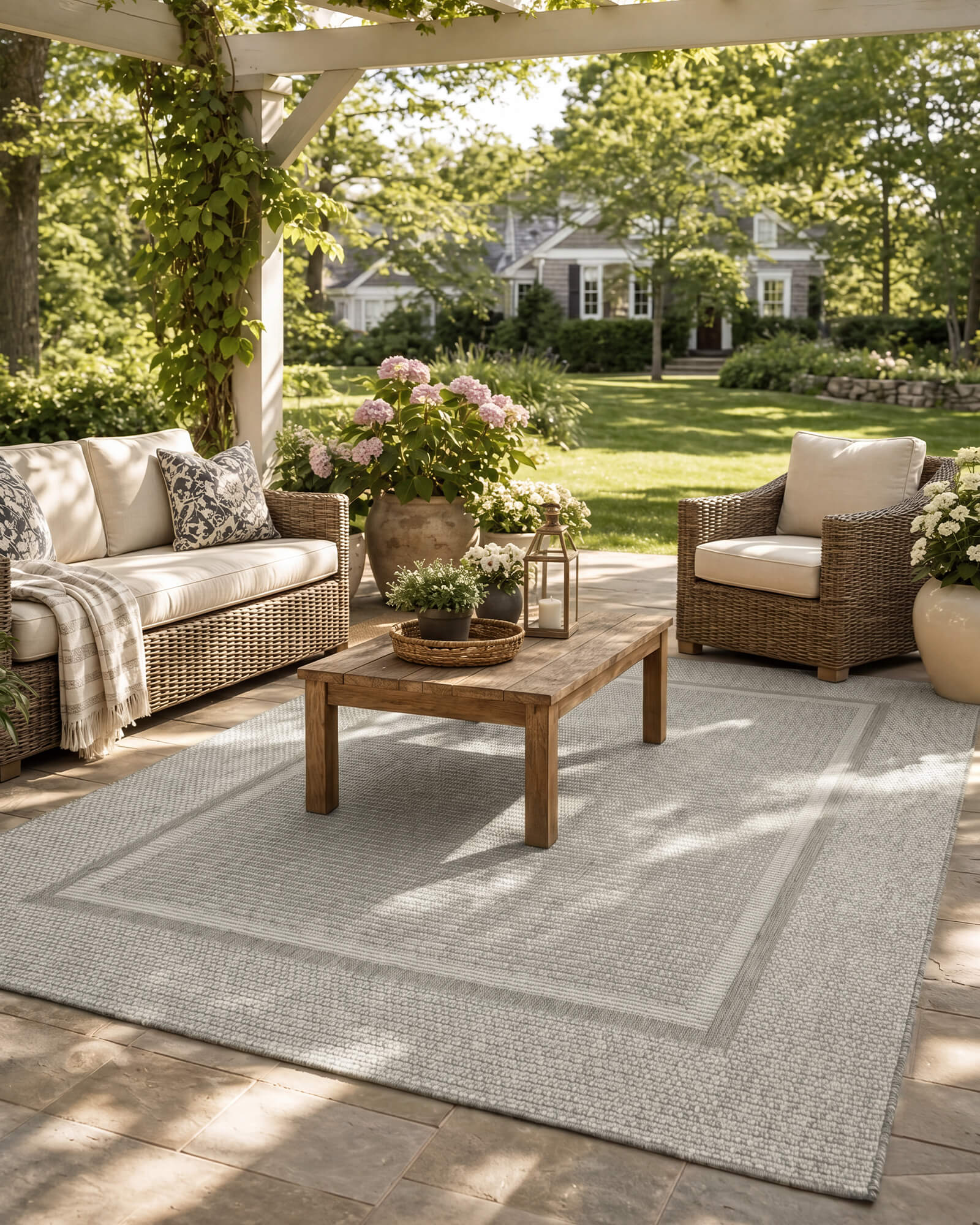 A gray woven indoor outdoor rug adds durable jute-look texture and easy-care style to a covered garden patio with wicker seating, wood coffee table, floral planters, and soft outdoor shade.