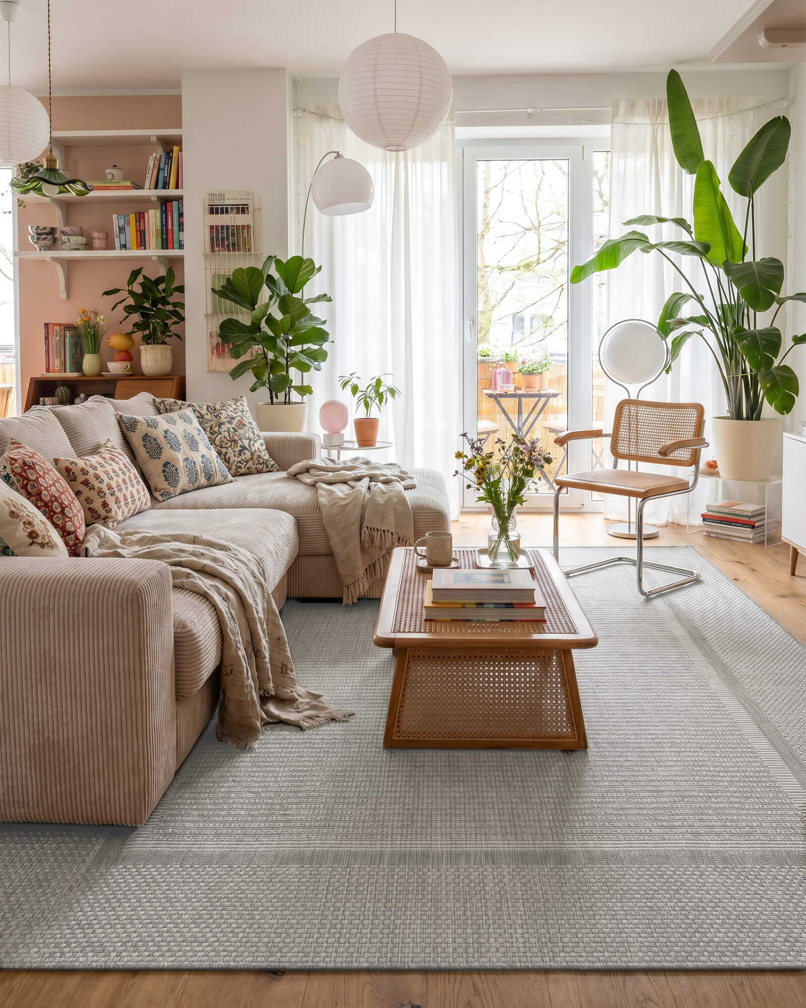 A gray woven indoor outdoor rug adds durable jute-look texture and easy-care style to a cozy living room with neutral seating, rattan accents, houseplants, and warm natural light.