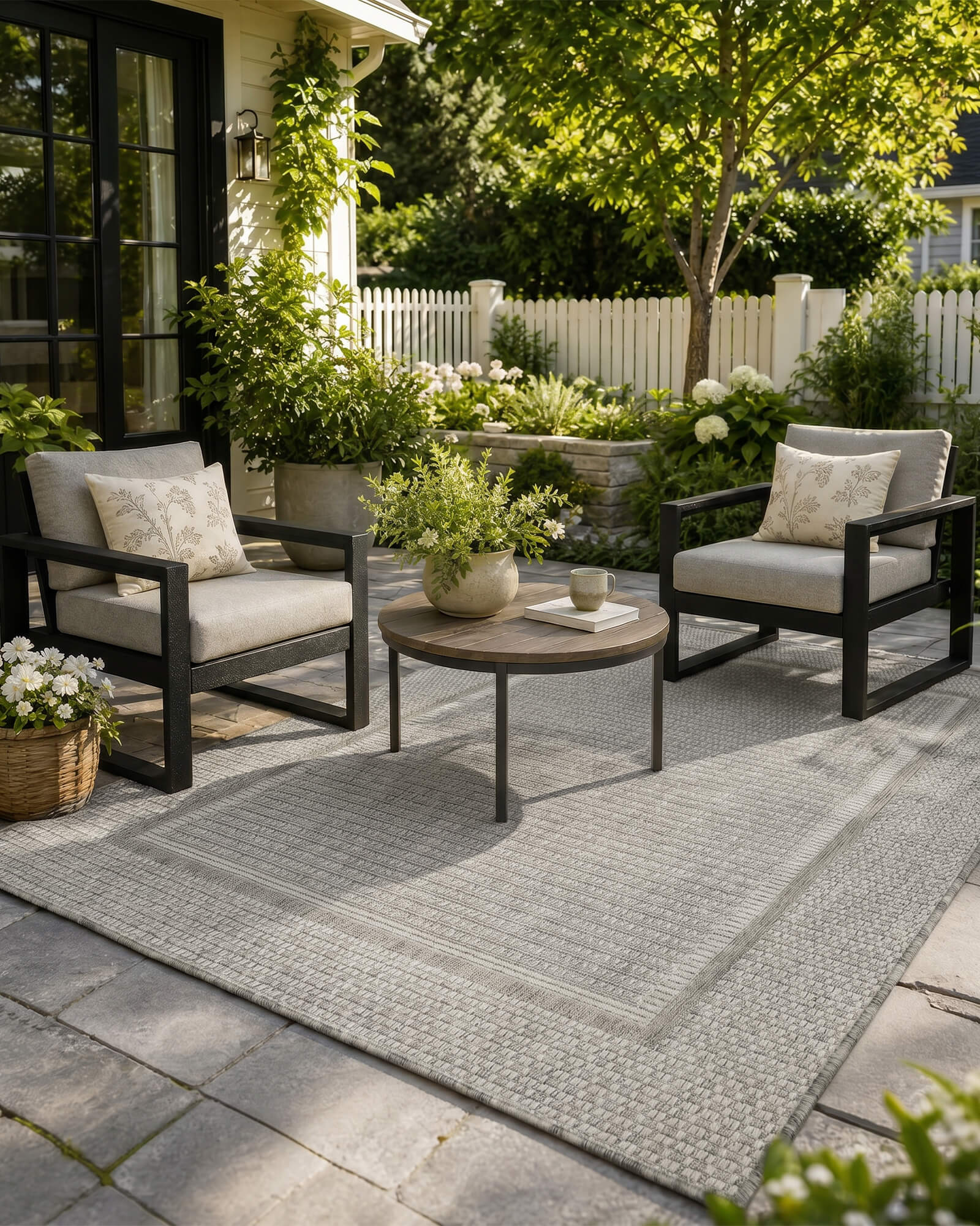 A gray woven indoor outdoor rug adds durable jute-look texture and easy-care style to a garden patio seating area with outdoor chairs, greenery, and cozy natural decor.