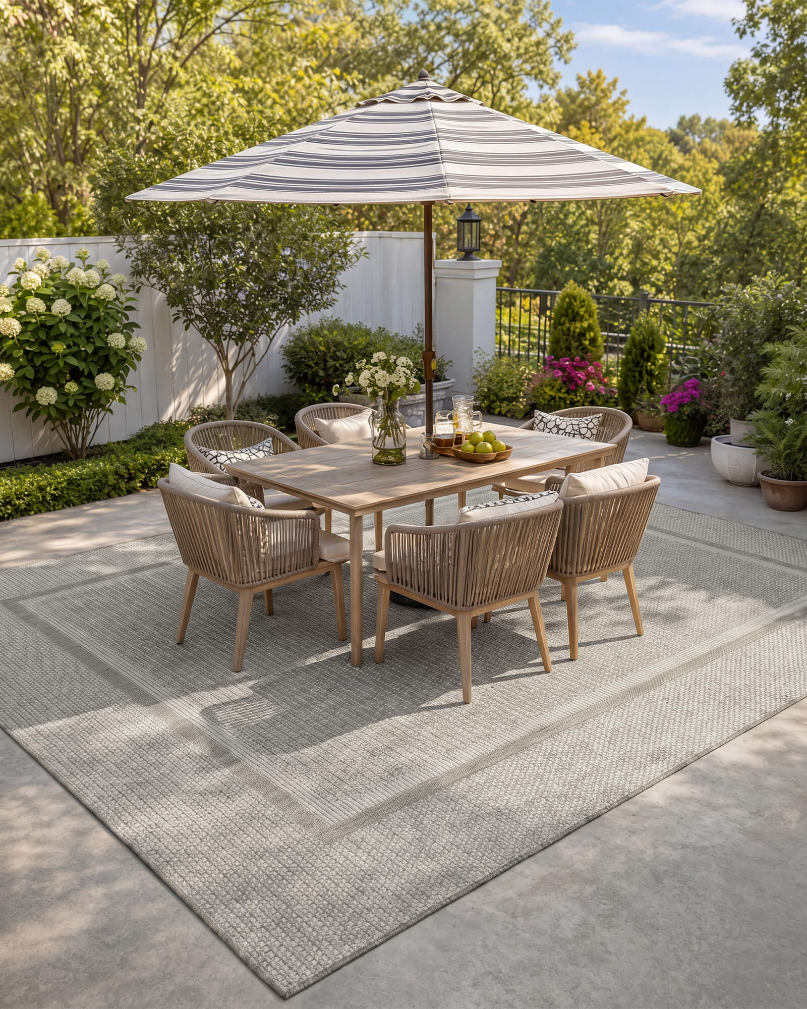 A gray woven indoor outdoor rug adds durable jute-look texture and easy-care style to a patio dining area with an umbrella table, wicker chairs, garden plants, and outdoor entertaining space.