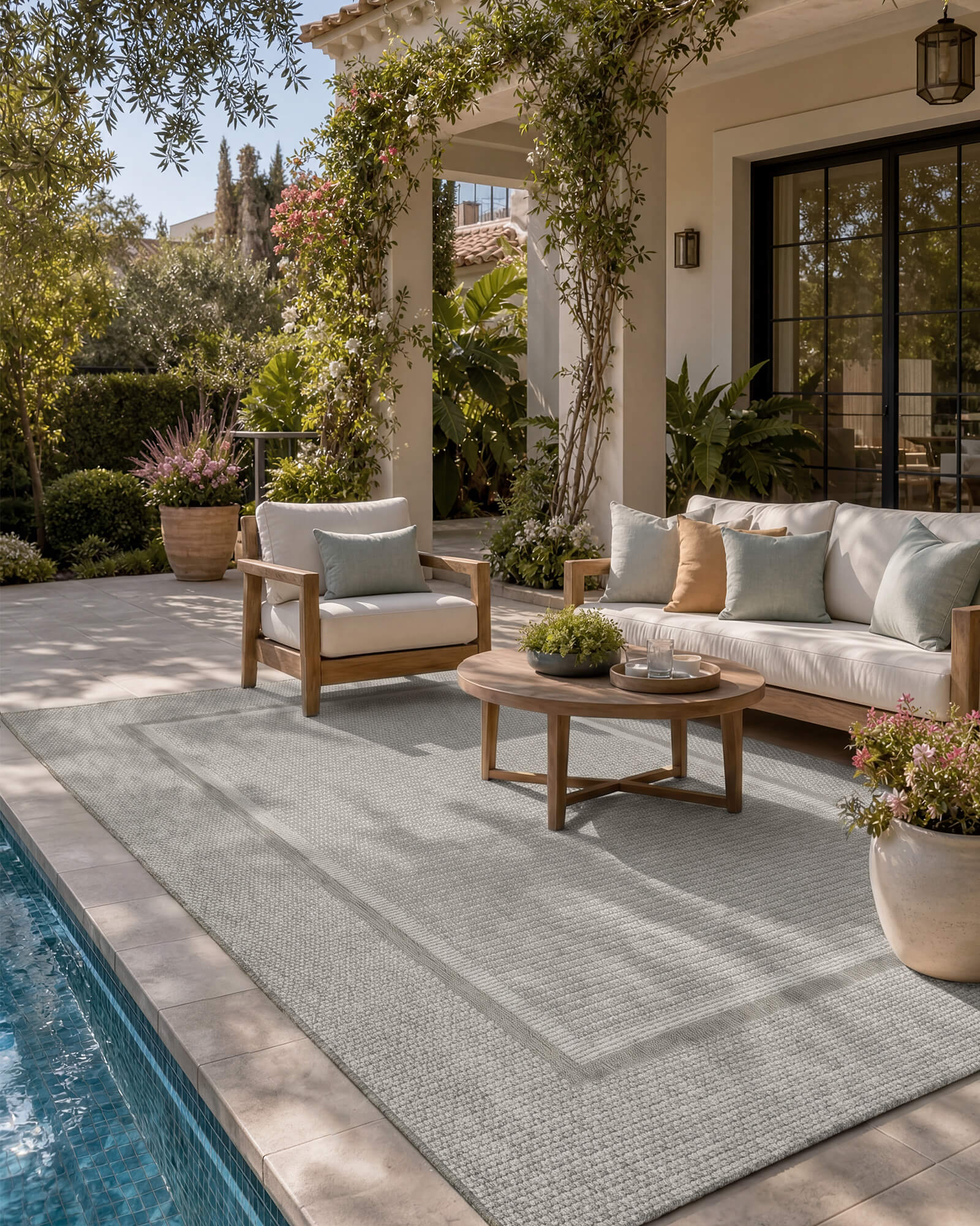 A gray woven indoor outdoor rug adds durable jute-look texture and easy-care style to a poolside patio lounge with outdoor seating, garden plants, and warm summer decor.