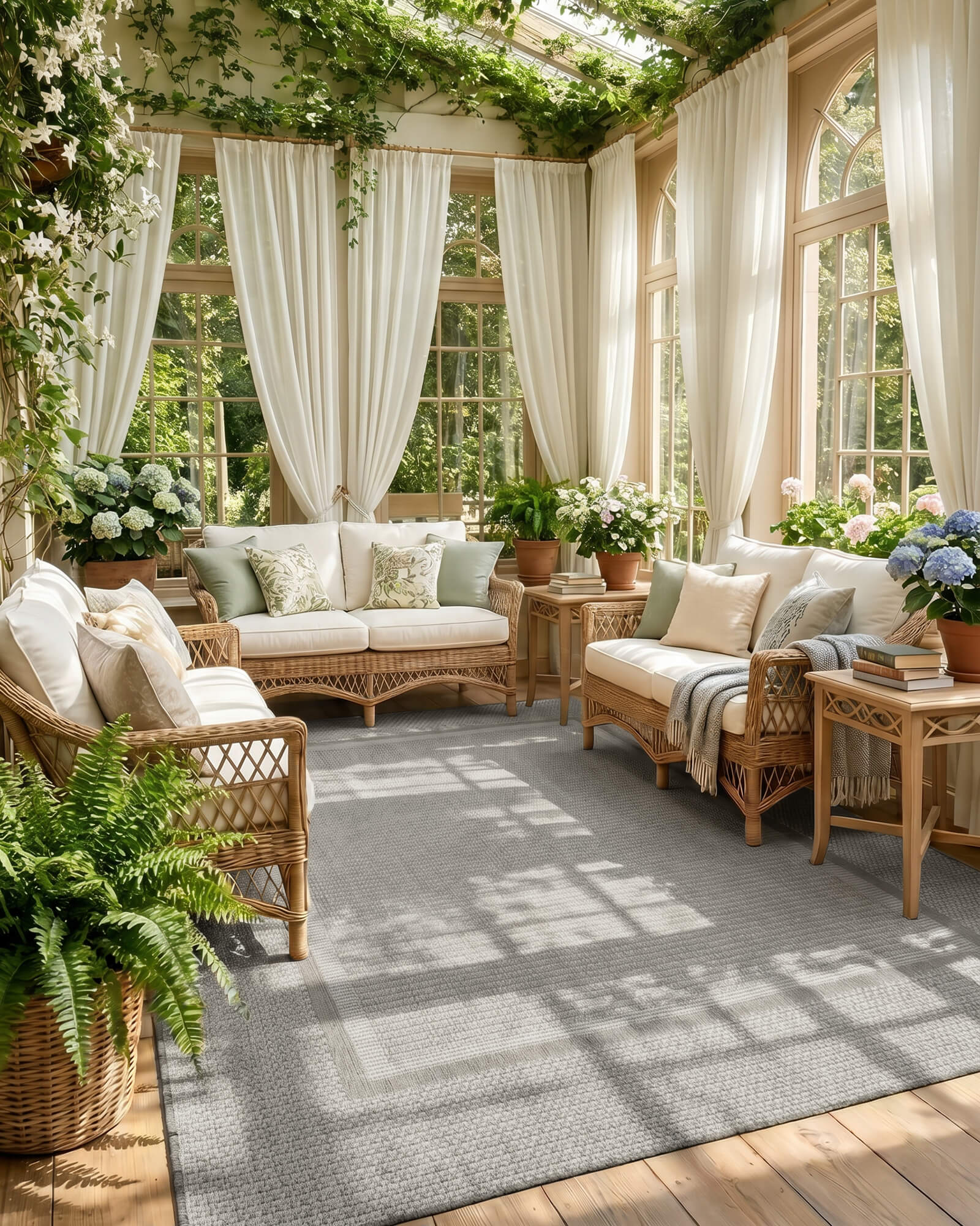 A gray woven indoor outdoor rug adds durable jute-look texture and easy-care style to a bright sunroom with rattan seating, soft curtains, greenery, and cozy natural decor.