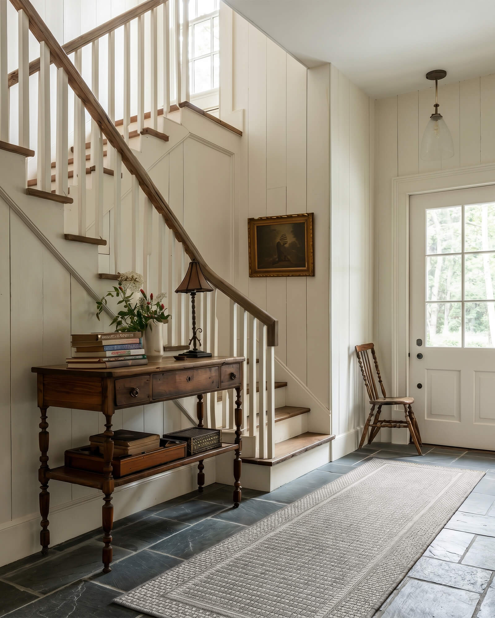 A gray woven indoor outdoor runner rug adds durable jute-look texture and easy-care style to an entryway near the stairs with vintage wood furniture, slate floors, and warm natural light.