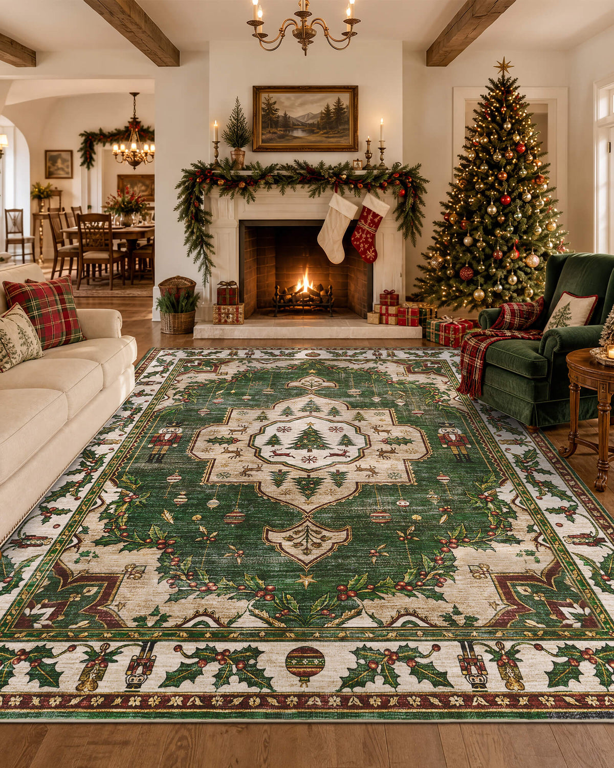 A green Christmas vintage washable area rug brings timeless holiday charm to a cozy living room with a beautifully decorated Christmas tree, glowing fireplace, festive stockings, and wrapped gifts. Featuring a central Christmas tree medallion, traditional nutcracker soldiers, delicate ornaments, and intricate holly berry borders, the rug adds nostalgic warmth and classic Christmas elegance to seasonal family gatherings.