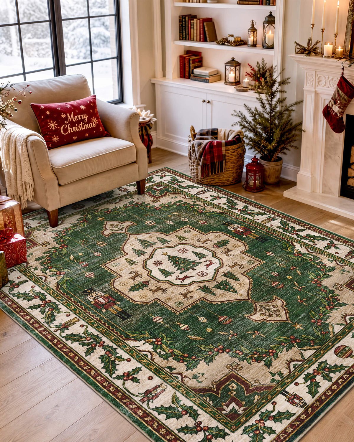 A green Christmas vintage washable area rug brings nostalgic holiday charm to a cozy reading nook with a cream armchair, Merry Christmas pillow, festive lanterns, and a miniature Christmas tree. Featuring a central Christmas tree medallion, traditional nutcracker soldiers, delicate hanging ornaments, and intricate holly berry borders, the rug adds timeless seasonal warmth and inviting comfort to holiday living spaces.