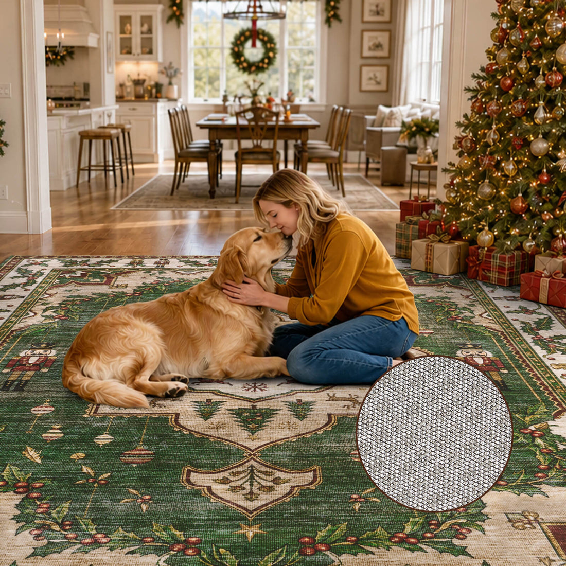 A green Christmas vintage washable area rug creates a cozy, pet-friendly holiday setting as a woman cuddles her golden retriever beside a decorated Christmas tree. Featuring festive nutcracker soldiers, Christmas trees, hanging ornaments, and holly berry motifs, the rug combines nostalgic seasonal charm with a comfortable surface and textured non-slip backing for family gatherings and everyday relaxation.