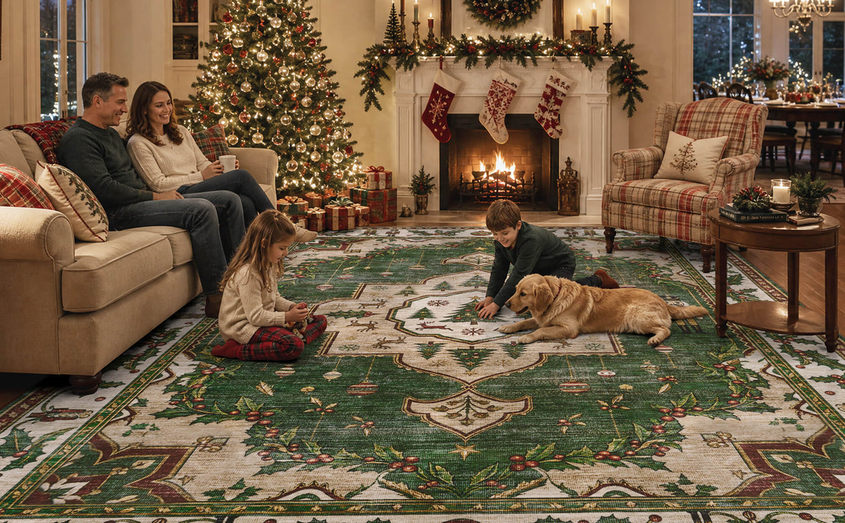 A green Christmas vintage washable area rug creates a warm, festive gathering space for a family enjoying holiday moments with their golden retriever. Featuring a classic Christmas tree medallion, traditional nutcracker soldiers, evergreen garlands, and ornate holly berry borders, the rug adds nostalgic holiday charm and cozy comfort to a living room with a decorated Christmas tree, glowing fireplace, and festive stockings.