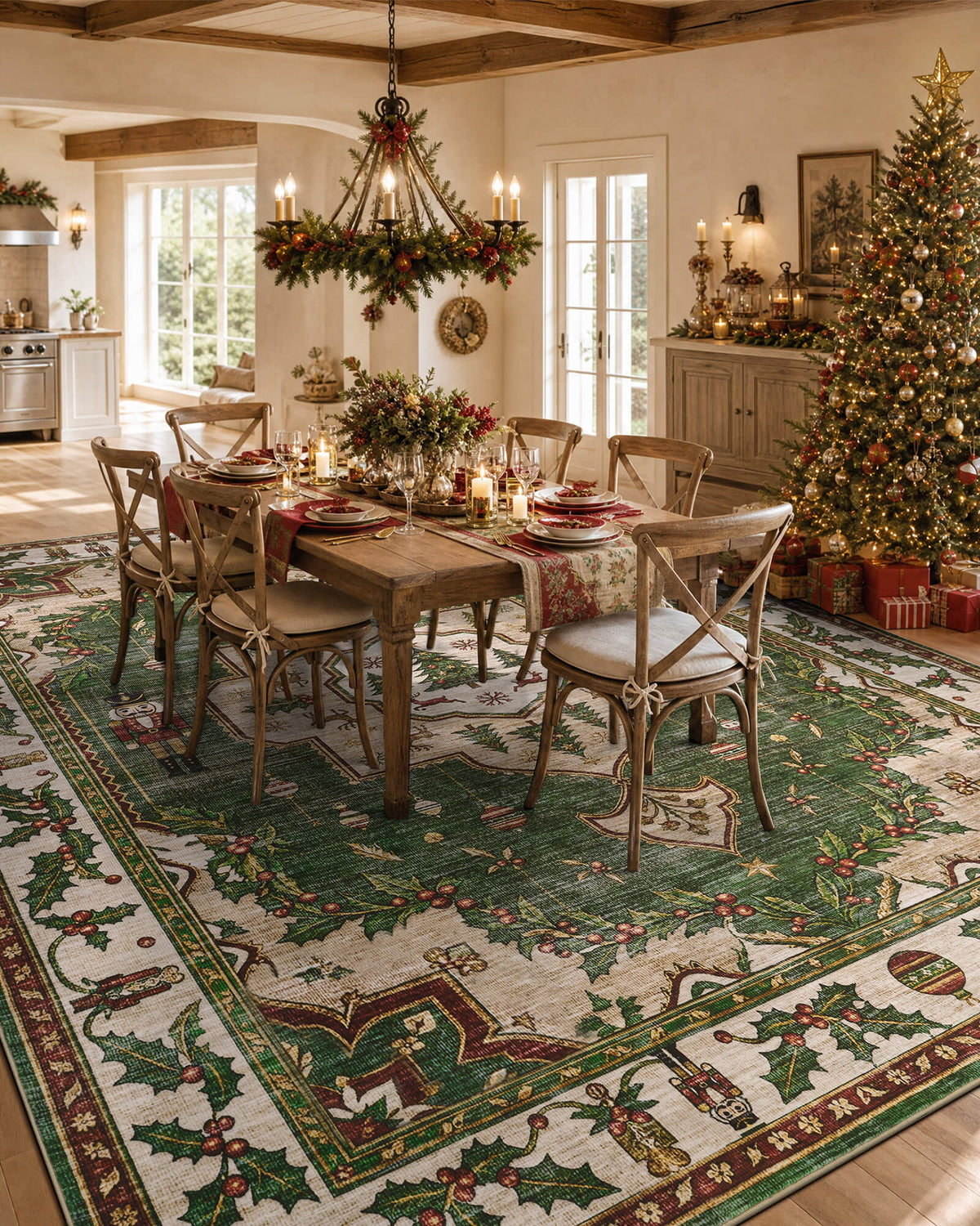 A green Christmas vintage washable area rug brings nostalgic holiday elegance to a festive dining room with a rustic wood table, candlelit Christmas place settings, evergreen chandelier, and beautifully decorated Christmas tree. Featuring classic nutcracker soldiers, hanging ornaments, Christmas tree motifs, and an intricate holly berry border, the rug adds timeless seasonal charm and cozy warmth to holiday dinners and family celebrations.