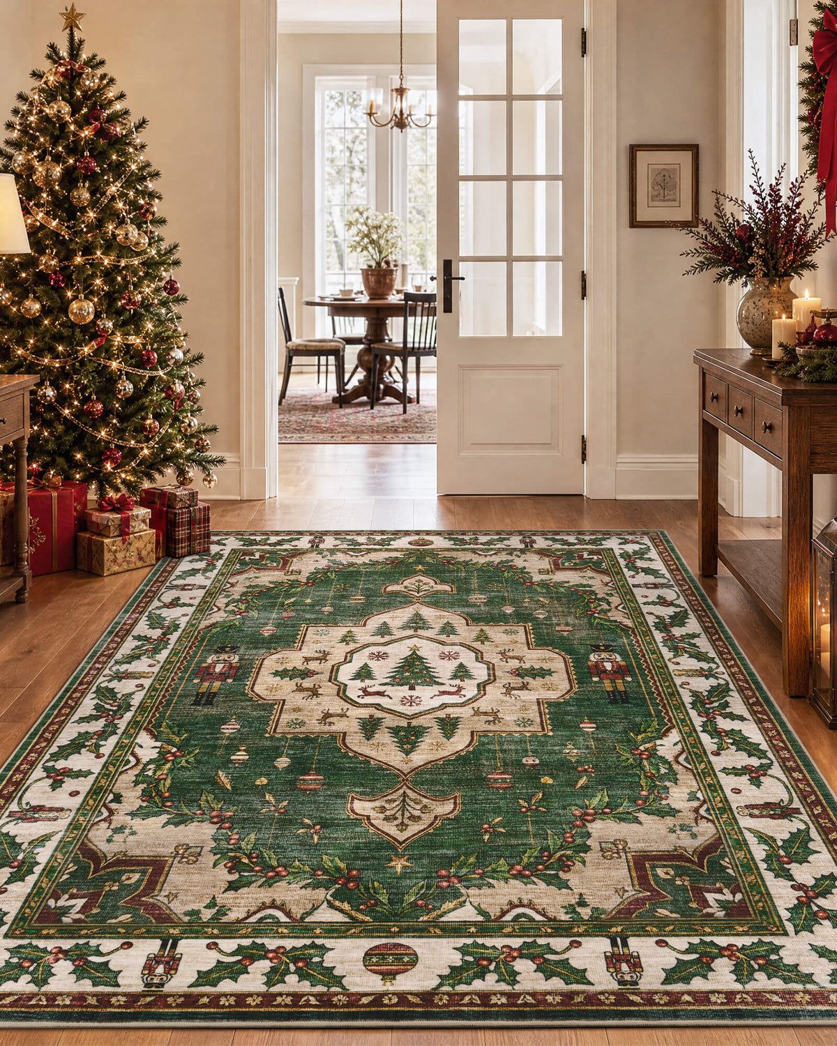 A green Christmas vintage washable area rug brings nostalgic holiday charm to an elegant entryway with a decorated Christmas tree, wrapped gifts, and warm wood furniture. Featuring a central Christmas tree medallion, traditional nutcracker soldiers, delicate hanging ornaments, and intricate holly berry borders, the rug creates a festive and welcoming atmosphere for holiday guests and family celebrations.