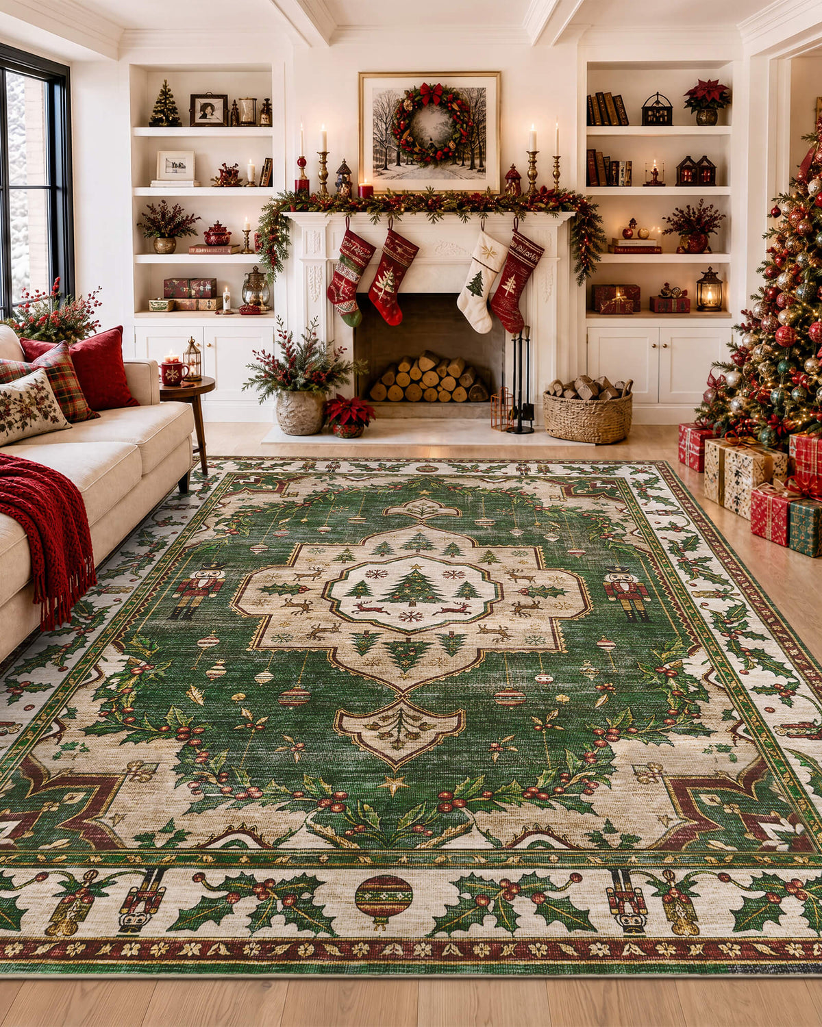 A green Christmas vintage washable area rug adds nostalgic holiday charm to an elegant living room with a festive fireplace, Christmas stockings, decorated tree, and wrapped gifts. Featuring a central Christmas tree medallion, traditional nutcracker soldiers, delicate hanging ornaments, and intricate holly berry borders, the rug creates a cozy, inviting atmosphere for holiday celebrations and family gatherings.
