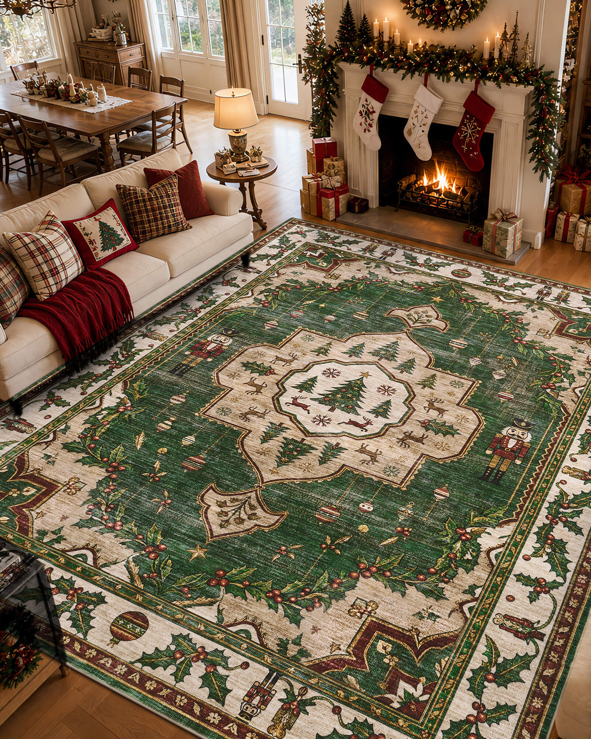 A green Christmas vintage washable area rug brings nostalgic holiday charm to a festive living room with a glowing fireplace, decorated mantel, Christmas stockings, and wrapped gifts. Featuring a central Christmas tree medallion, classic nutcracker soldiers, hanging ornaments, and intricate holly berry borders, the rug creates a warm and inviting space for cozy family celebrations.