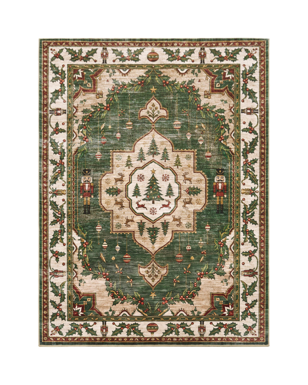 A green Christmas vintage washable area rug features a festive central Christmas tree medallion, classic nutcracker soldiers, delicate hanging ornaments, evergreen garlands, and an ornate holly berry border, bringing nostalgic holiday charm and cozy warmth to Christmas living rooms and seasonal home decor.