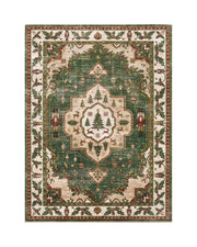 A green Christmas vintage washable area rug features a festive central Christmas tree medallion, classic nutcracker soldiers, delicate hanging ornaments, evergreen garlands, and an ornate holly berry border, bringing nostalgic holiday charm and cozy warmth to Christmas living rooms and seasonal home decor.