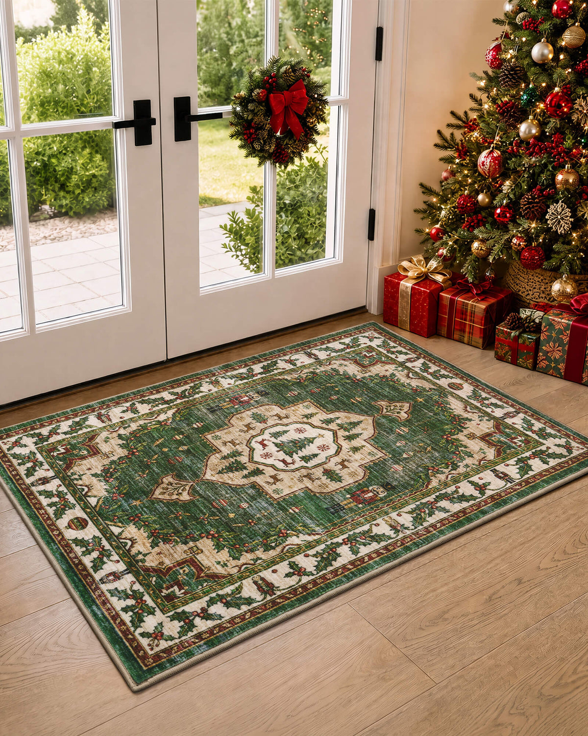 A green Christmas vintage washable area rug creates a festive holiday entryway beside white French doors, a decorated Christmas tree, and beautifully wrapped gifts. Featuring a central Christmas tree medallion, traditional nutcracker soldiers, hanging ornaments, and intricate holly berry borders, the rug brings nostalgic seasonal charm and welcoming warmth to Christmas home decor.