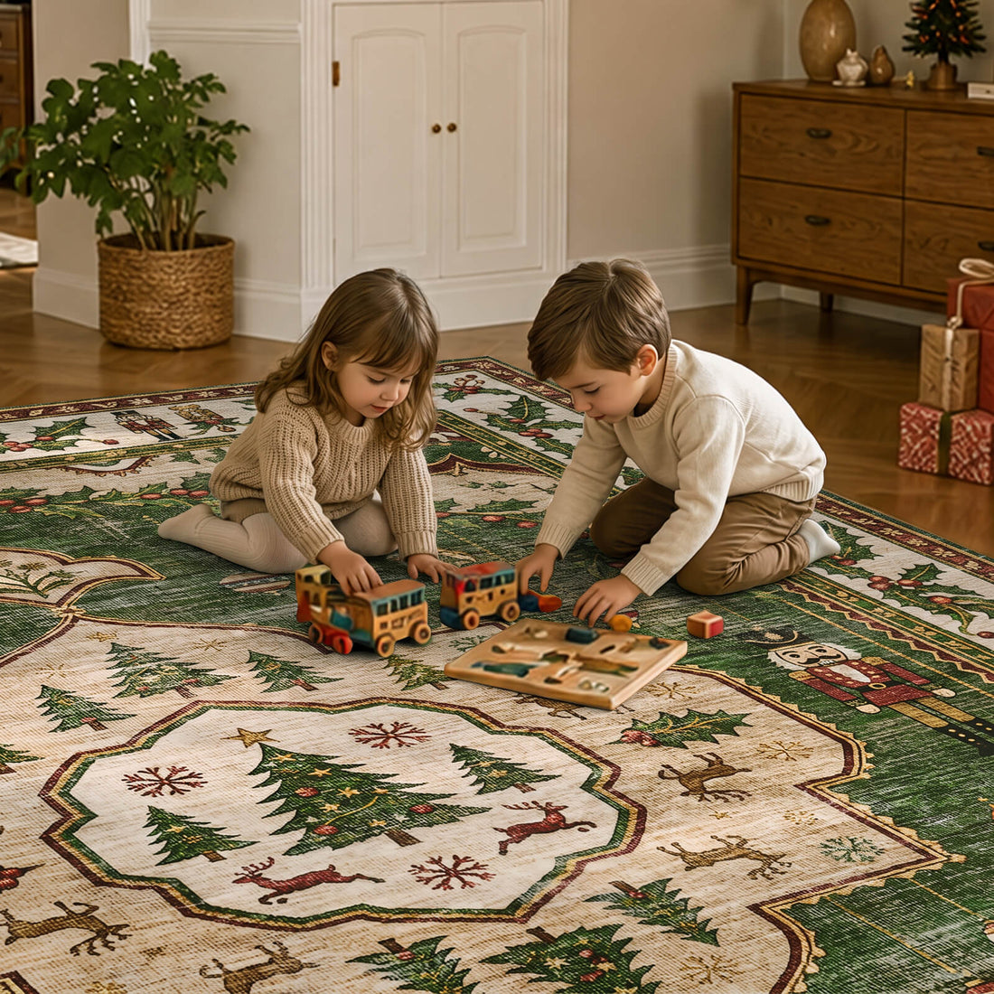 A green Christmas vintage washable area rug creates a cozy holiday play space for two children enjoying wooden toys, featuring a festive Christmas tree medallion, classic nutcracker soldiers, reindeer, snowflakes, and ornate holly borders that bring nostalgic Christmas charm and family-friendly warmth to the living room.