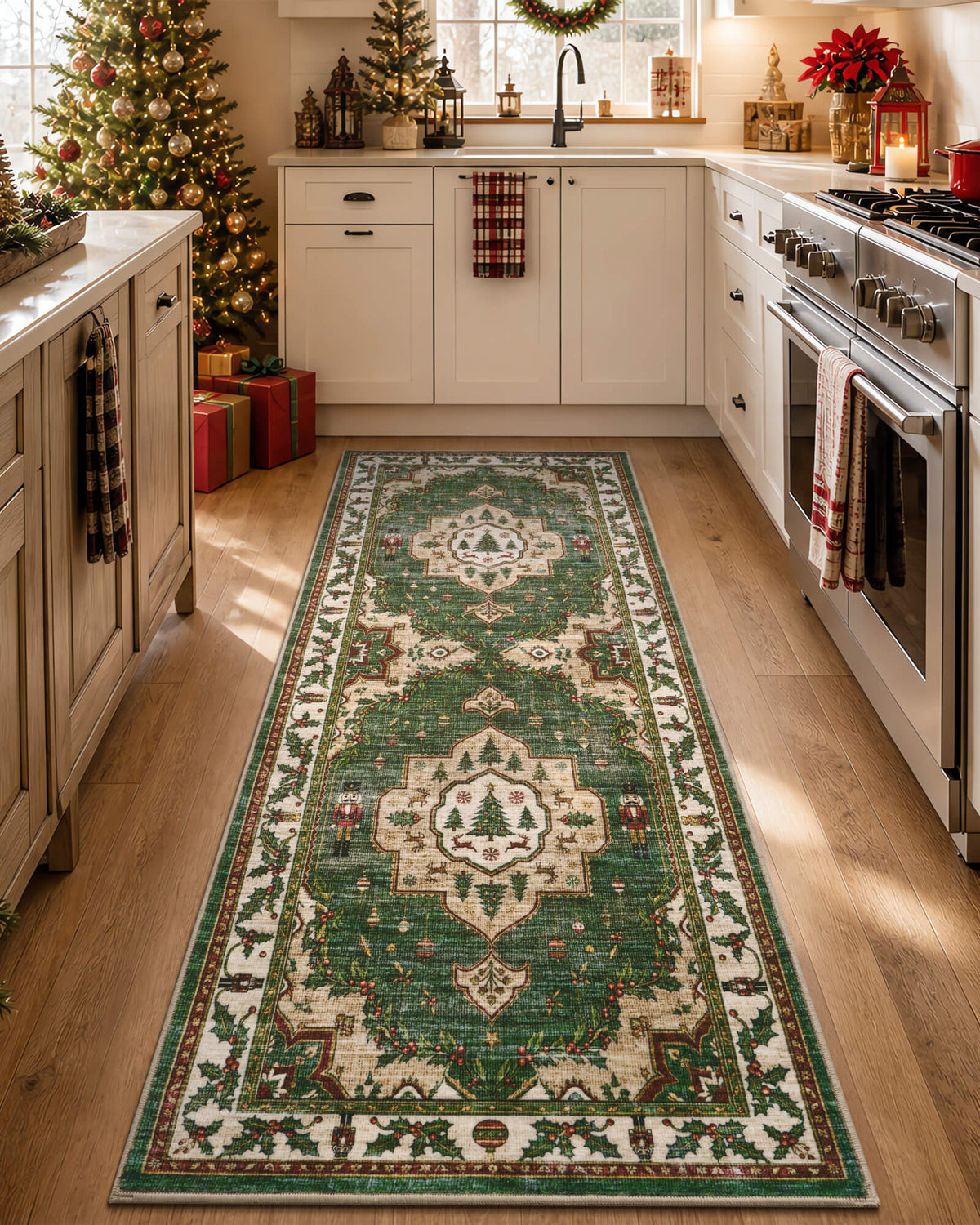 A green Christmas vintage washable kitchen runner rug brings nostalgic holiday charm to a festive farmhouse kitchen with white cabinets, warm wood flooring, a decorated Christmas tree, and seasonal accents. Featuring Christmas tree medallions, traditional nutcracker soldiers, hanging ornaments, and intricate holly berry borders, the runner adds cozy comfort and timeless Christmas style to holiday kitchen decor.