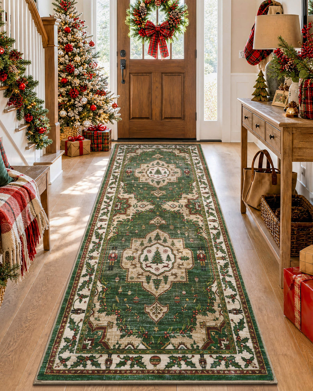 A green Christmas vintage washable runner rug brings nostalgic holiday charm to a welcoming entryway with a decorated Christmas tree, festive wreath, evergreen garlands, and warm wood flooring. Featuring Christmas tree medallions, traditional nutcracker soldiers, delicate ornaments, and intricate holly berry borders, the runner adds cozy seasonal warmth and classic Christmas style to hallways and front door entrances.