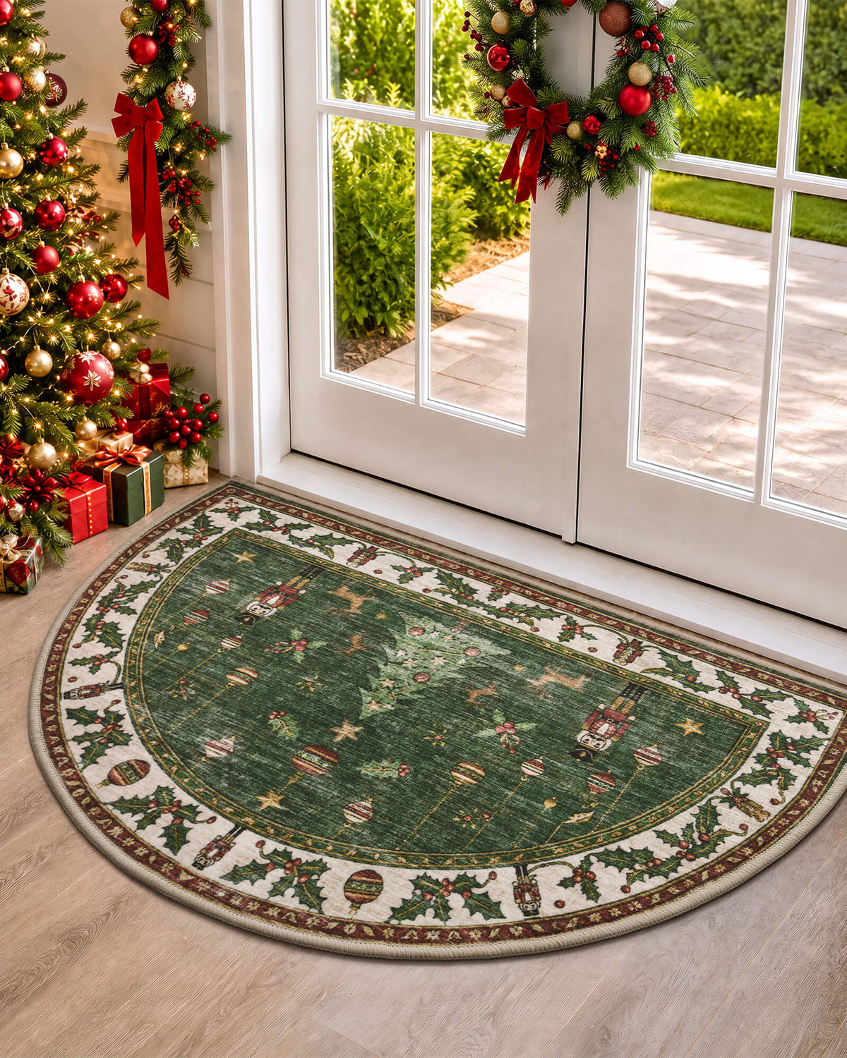 A green Christmas washable half-round entryway rug brings festive holiday charm to a welcoming doorway decorated with Christmas wreaths, a glowing tree, and wrapped gifts. Featuring classic nutcracker soldiers, hanging ornaments, golden stars, and an ornate holly berry border, the rug adds nostalgic seasonal warmth to holiday entryways and front door decor.