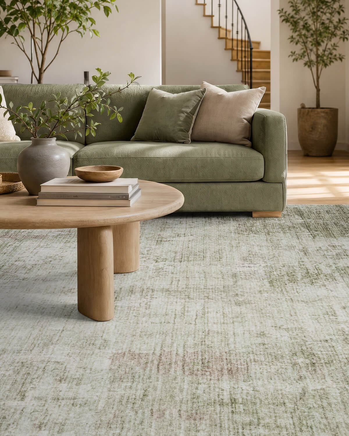 A soft green modern washable area rug brings a calm, cozy look to a living room with a green sofa, wood coffee table, and natural home decor.